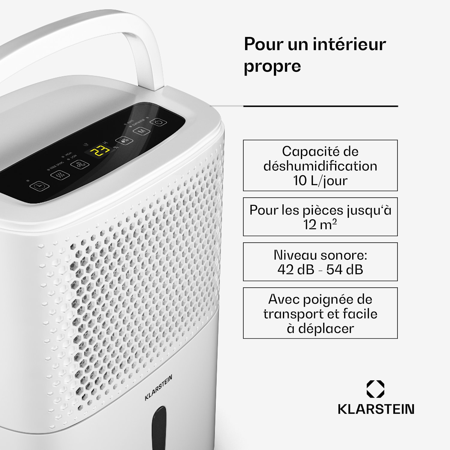 DryFy 10 L Déshumidificateur | 10 L/jour | 12 m² | 80 m³/h | Minuteur | Réservoir d'eau | mobile 