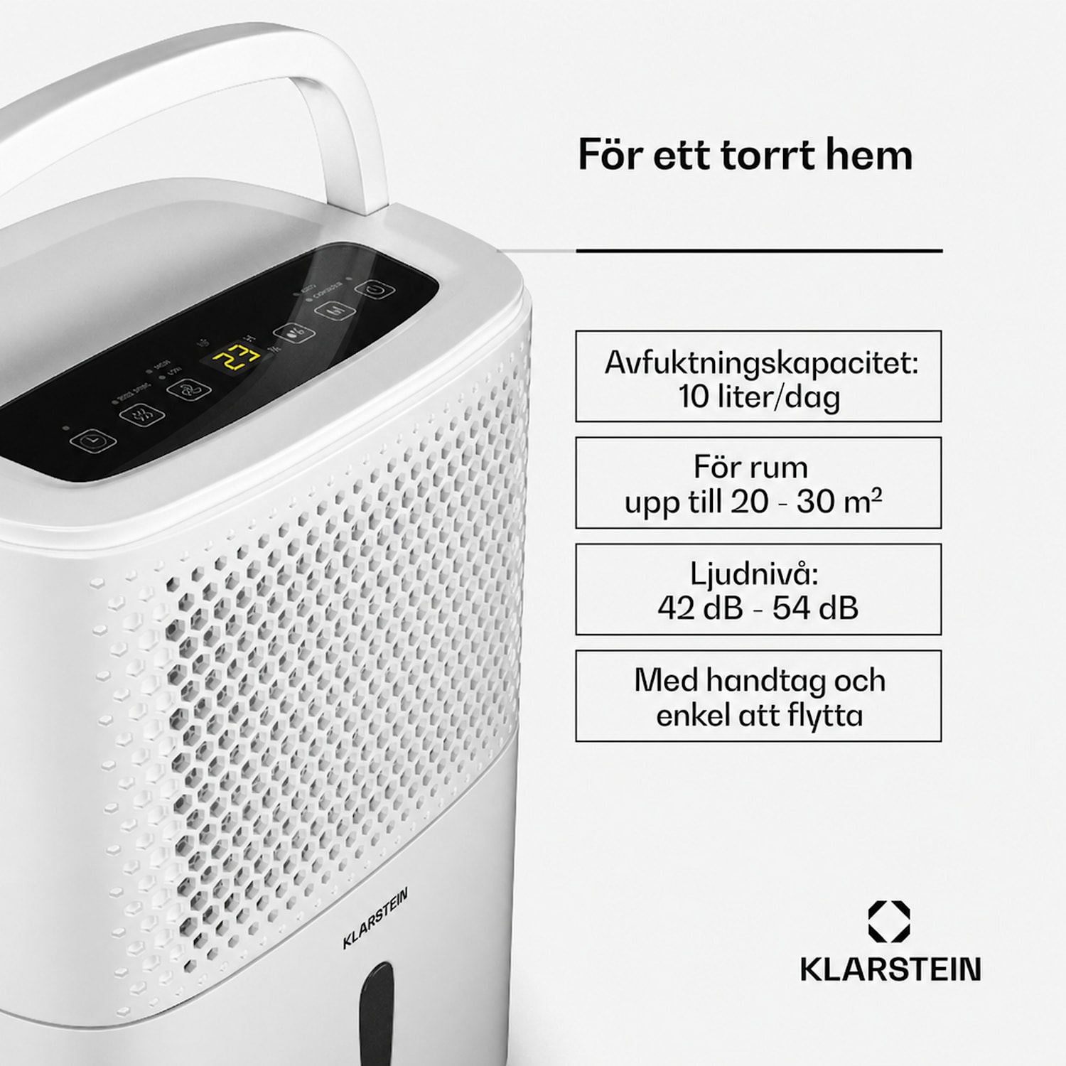 DryFy 10L luftavfuktare | 10 L/dag | 12m² | 80 m³/h | Timer | Vattentank | Mobil 10L/24h | Vit