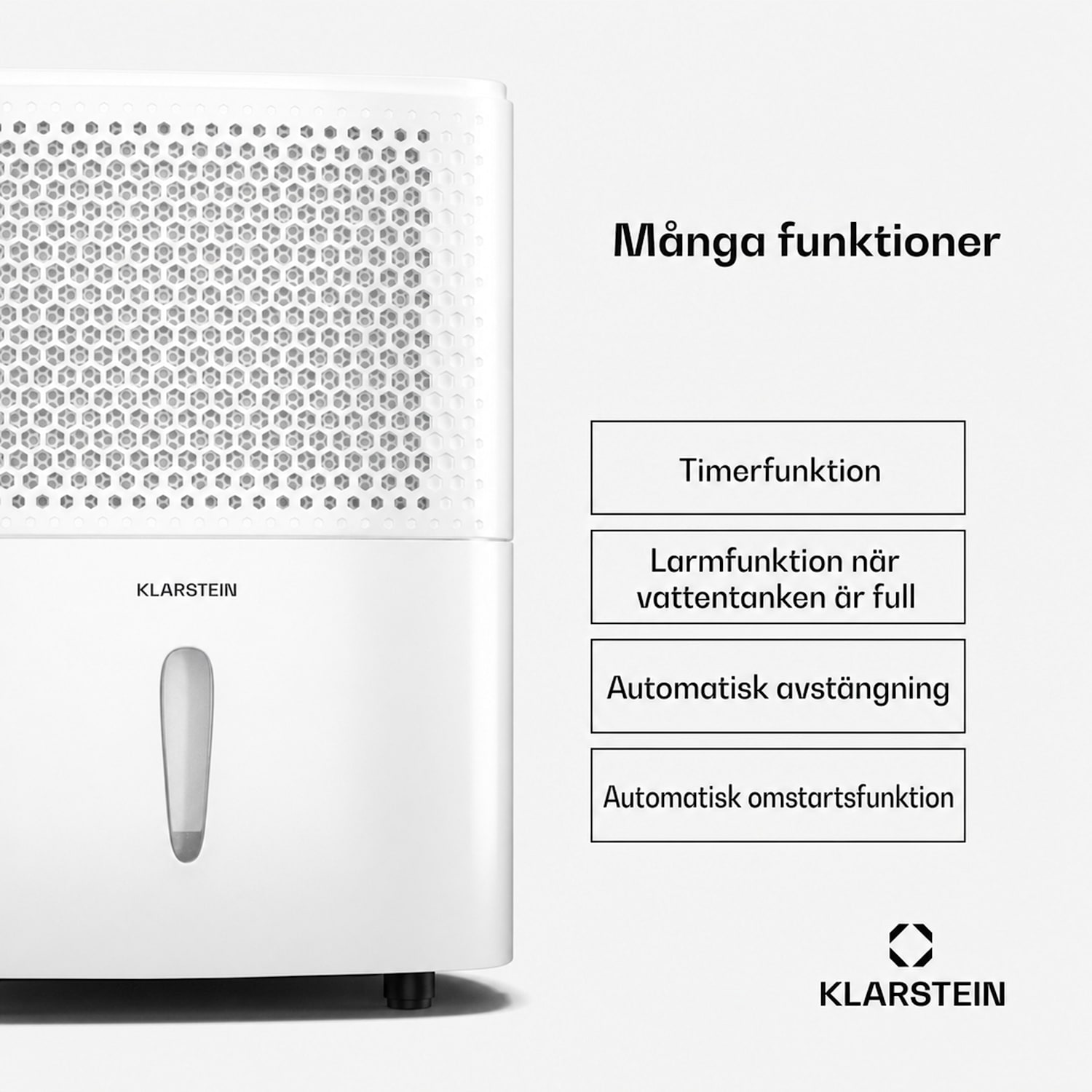 DryFy 10L luftavfuktare | 10 L/dag | 12m² | 80 m³/h | Timer | Vattentank | Mobil 10L/24h | Vit