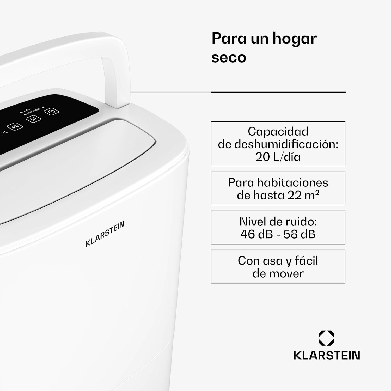 DryFy 20L Deshumidificador de aire | 20 L/día | 22 m² | 230 m³/h | Temporizador | Depósito de agua | Portátil 20L/24h | Blanco