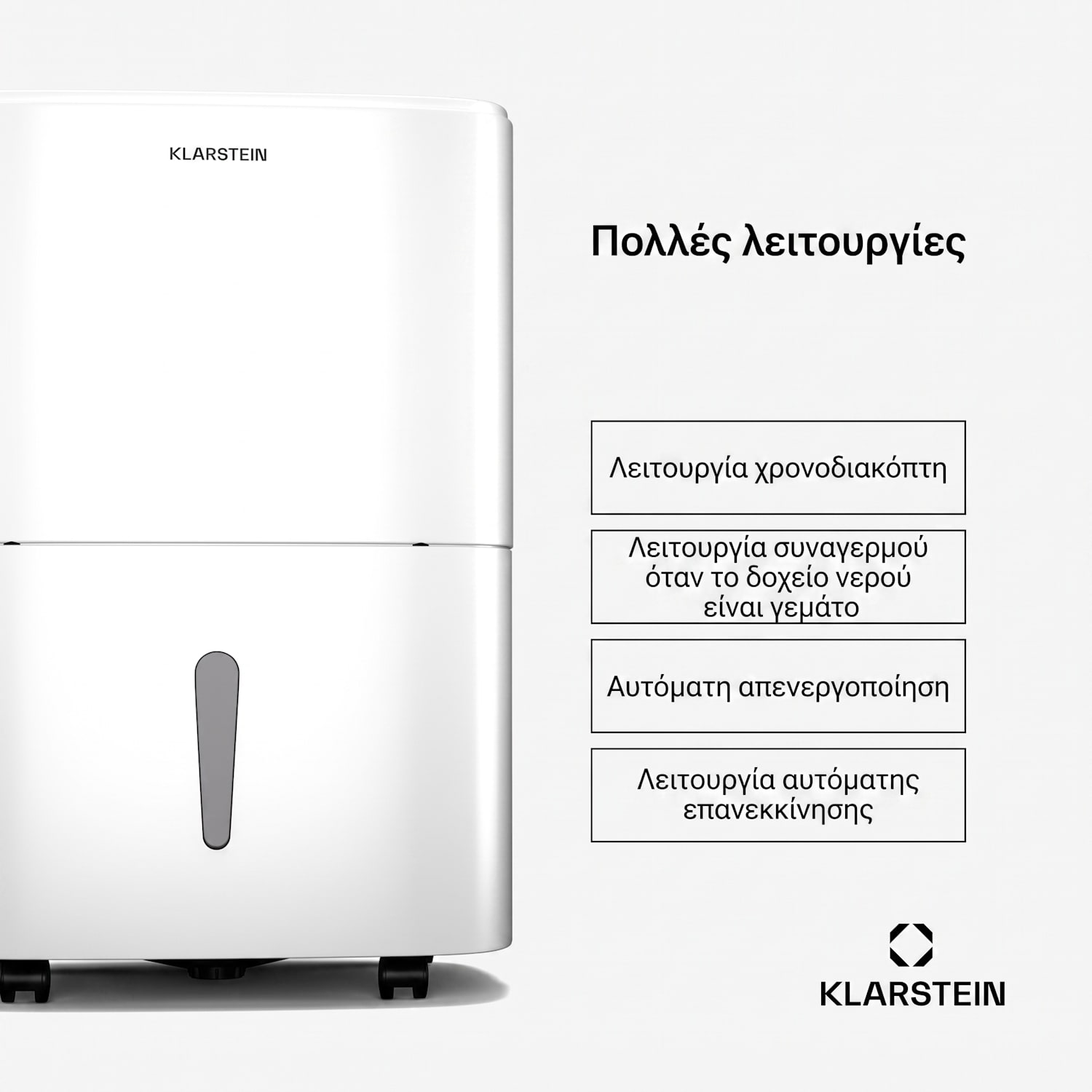 Klarstein DryFy 20L κατασκευαστικός αφυγραντήρας, 20 l/ημέρα, 22m², 230 m³/h, χρονοδιακόπτης, δοχείο νερού, φορητός 20L/24h | Λευκό