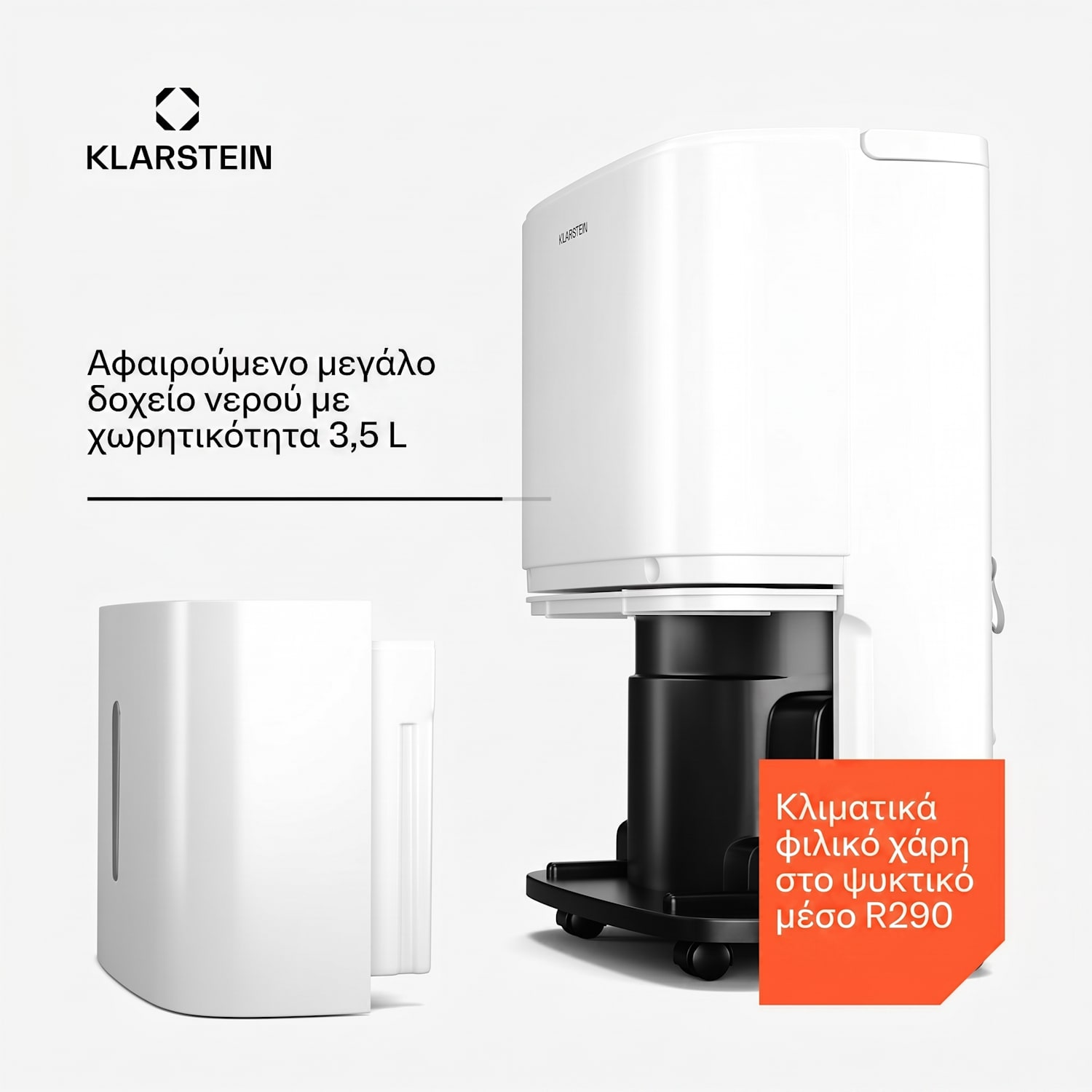 Klarstein DryFy 20L κατασκευαστικός αφυγραντήρας, 20 l/ημέρα, 22m², 230 m³/h, χρονοδιακόπτης, δοχείο νερού, φορητός 20L/24h | Λευκό