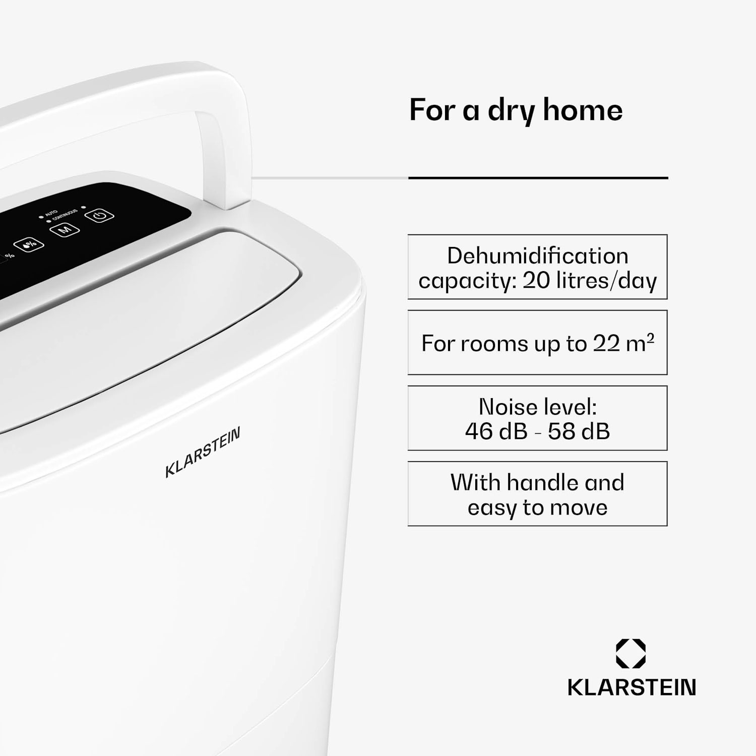 DryFy 20L dehumidifier | 20 L/day | 22 m² | 230 m³/h | timer | water tank | transportable 