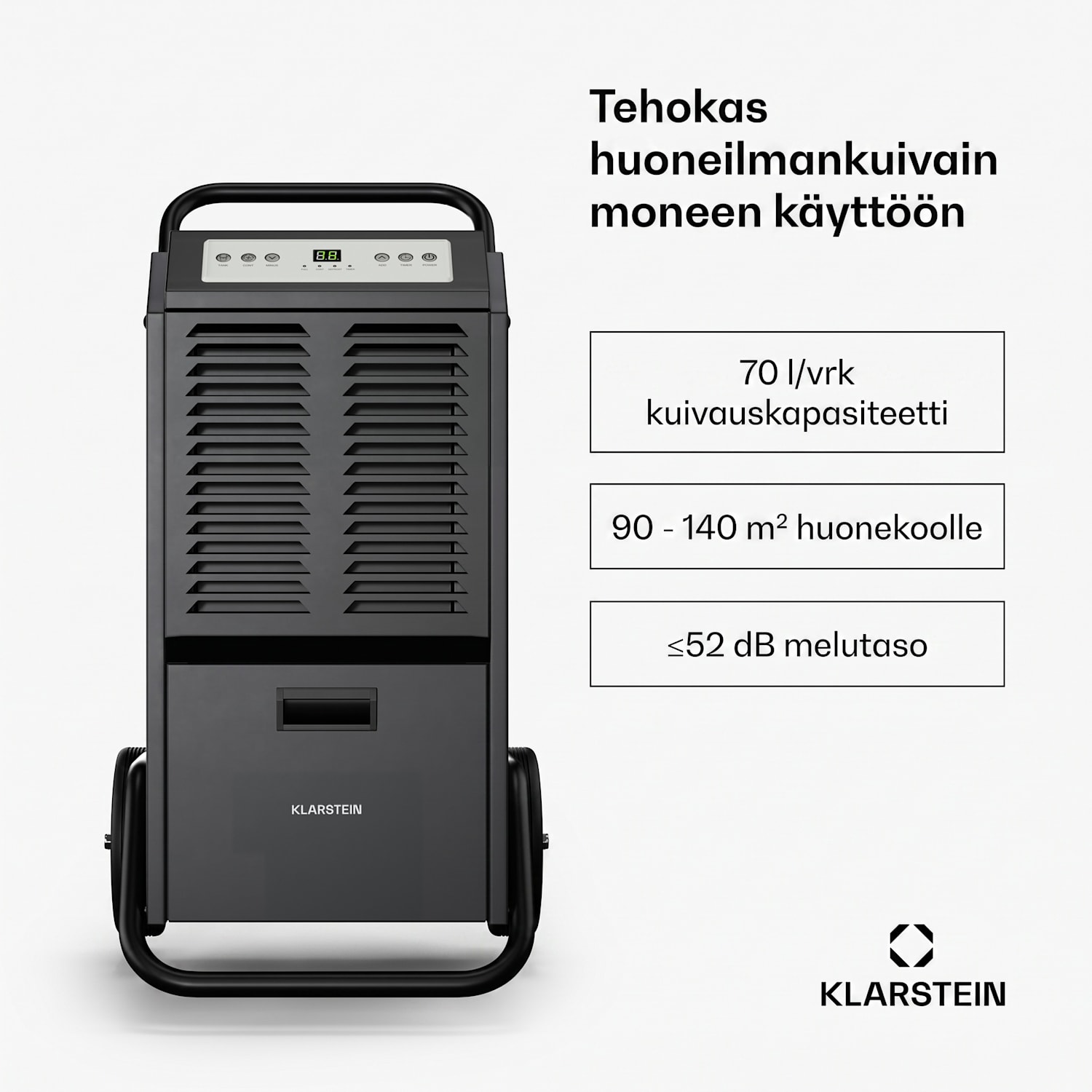 DuraDry 70L -ilmankuivain | 70 l/vrk | 140 m² | ruostumaton | siirrettävä | 450 m³/h 70L/24h | Antrasiitti