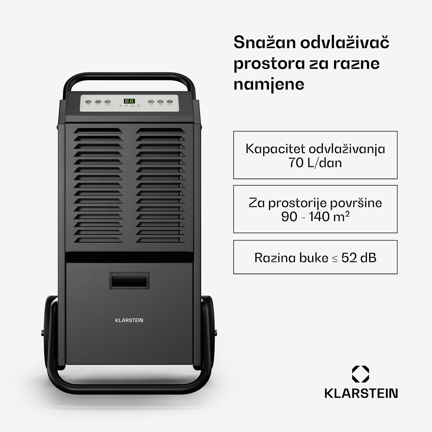 DuraDry 70L odvlaživač zraka, 70 L/dan, 60-100 m², nehrđajući čelik, mobilni, 450 m³/h 70L/24h | Antracit