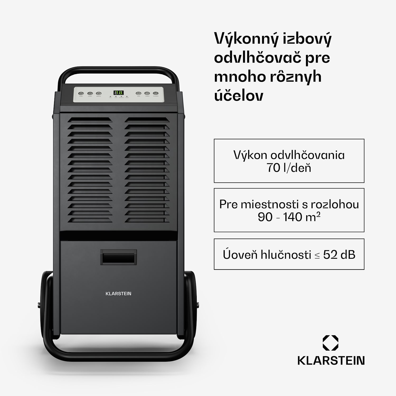 DuraDry 70L odvlhčovač vzduchu, 70 l/deň, 60-100 m², nehrdzavejúca oceľ, mobilný, 450 m³/h 70L/24h | Antracit