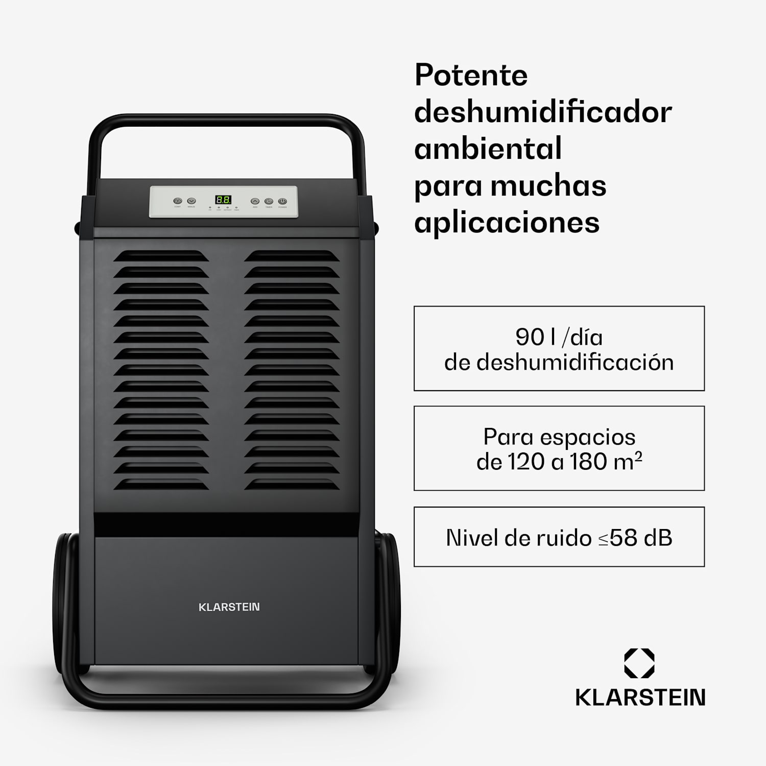 DuraDry 90L Deshumidificador de aire | 90L/día | 70-120 m² | Inoxidable | Portátil | 450 m³/h 90L/24h | Antracita