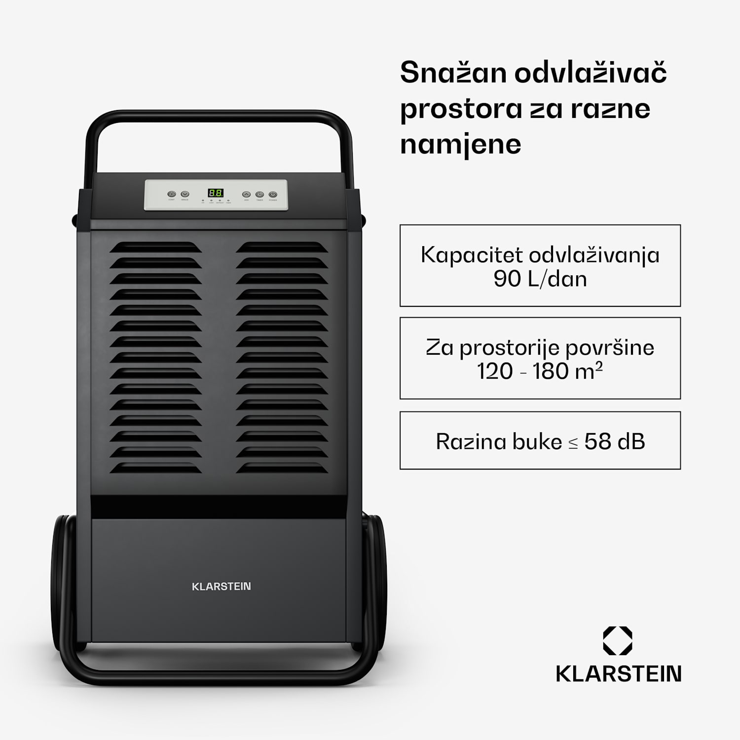 DuraDry 90L odvlaživač zraka, 70 L/dan, 70-120 m², nehrđajući čelik, mobilni, 450 m³/h 90L/24h | Antracit