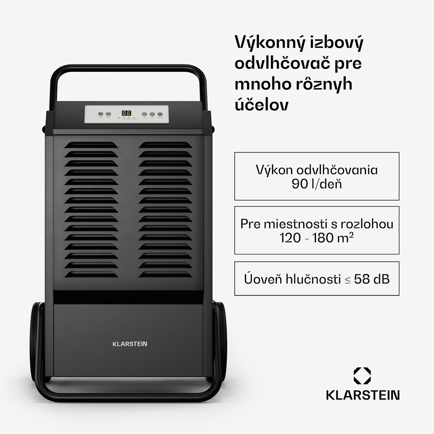 DuraDry 90L odvlhčovač vzduchu, 90 l/deň, 70-120 m², nehrdzavejúca oceľ, mobilný, 450 m³/h 90L/24h | Antracit