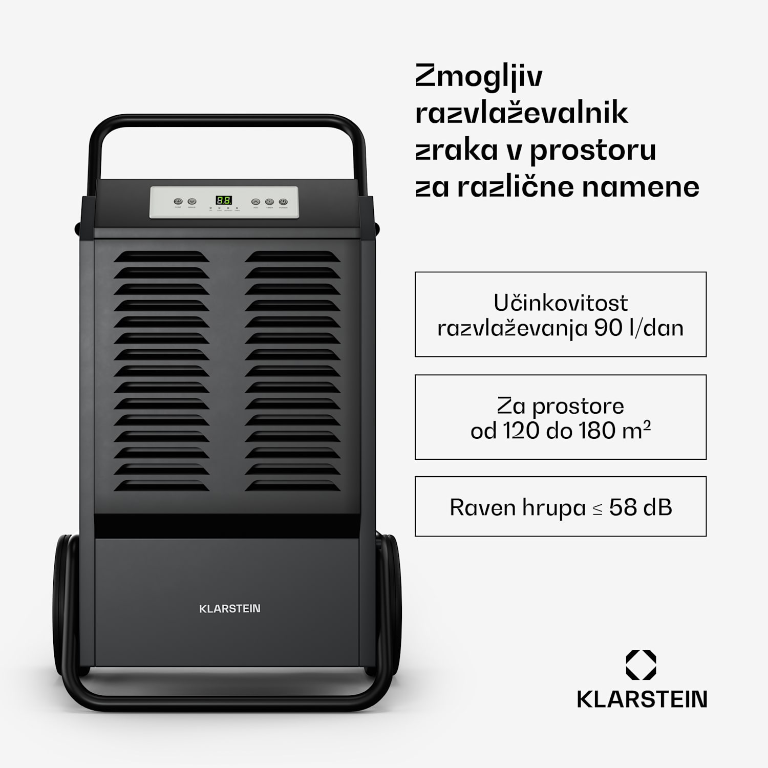 DuraDry 90L razvlaževalec, 90 l/dan, 70-120 m², nerjaveče jeklo, mobilni, 450 m³/h 90L/24h | Antracit
