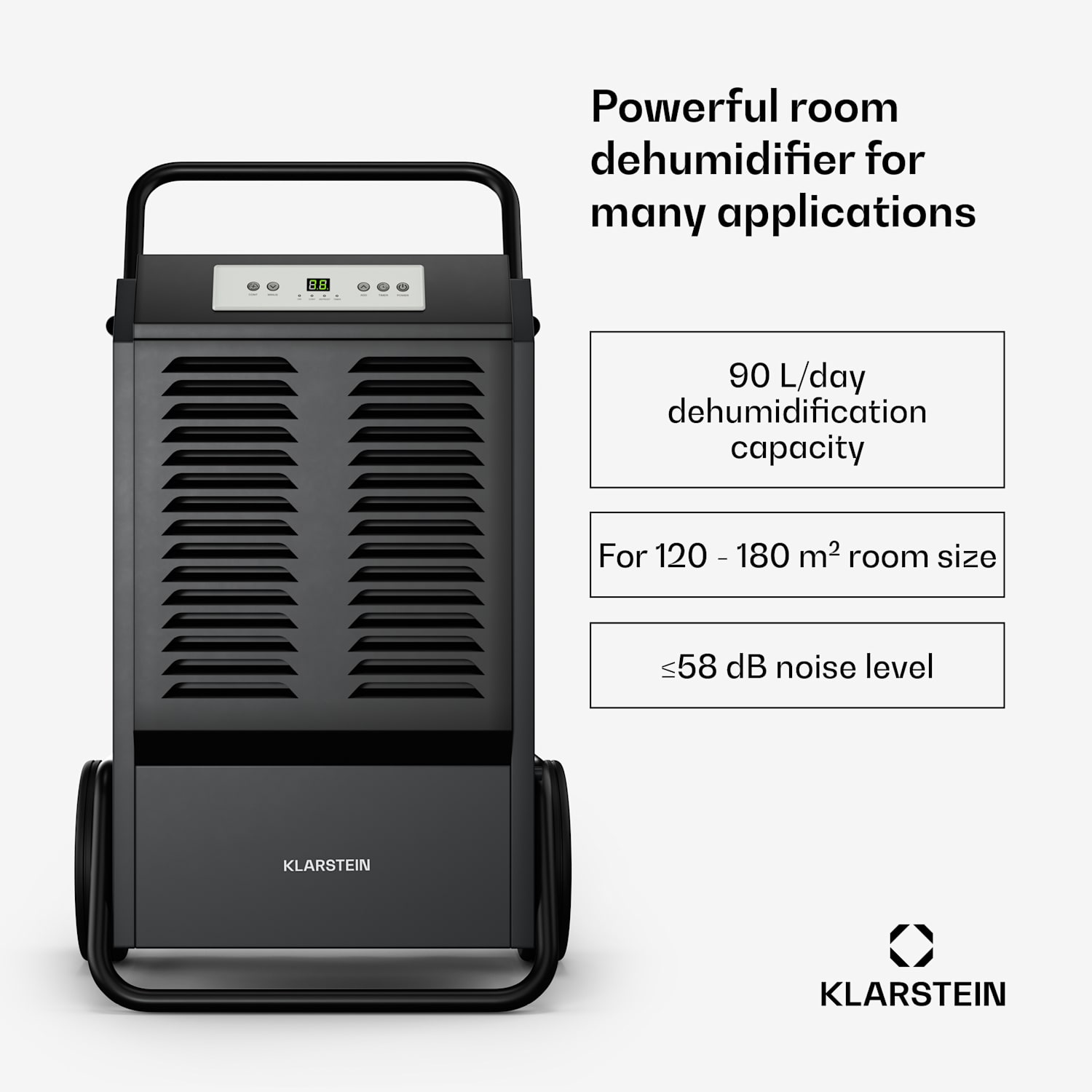 DuraDry 90L luchtontvochtiger | 90L/dag | 70-120 m₂ | roestvrij | mobiel | 450 m³/h 90L/24h | Antraciet