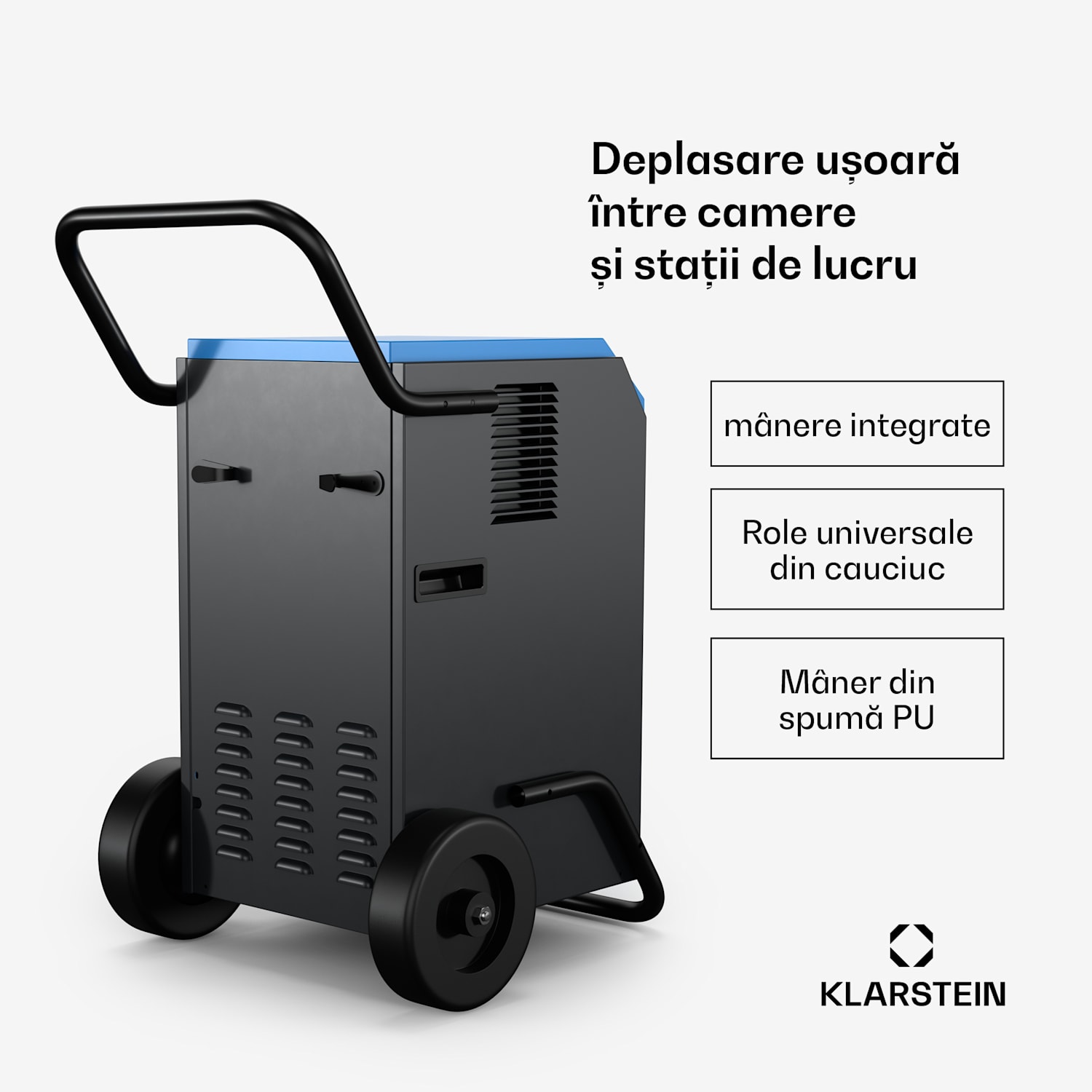 DuraDry 50L dezumidificator, 50 l/zi, 50-80 m², oțel inoxidabil, mobil, 450 m³/h 50L/24h | Albastru