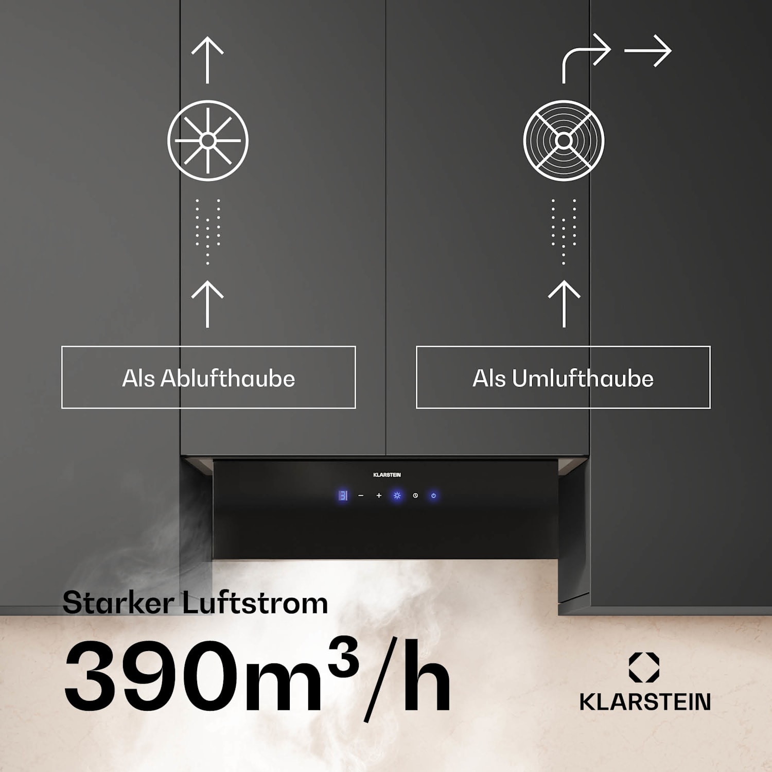 Ventimate Dunstabzugshaube | Touch Control | Abluft/Umluft | EEK A+ | 3 Stufen | LED | leise 60 cm | Schwarz