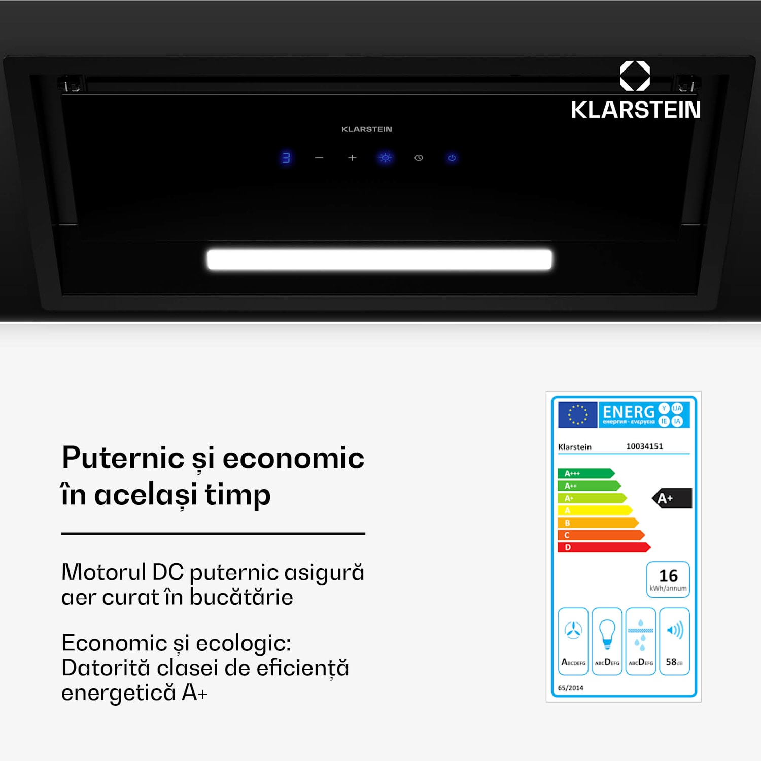 Hota ventilată, control tactil, extracție/recirculare, EEK A+, 3 niveluri, LED, silențioasă 60 cm | Negru