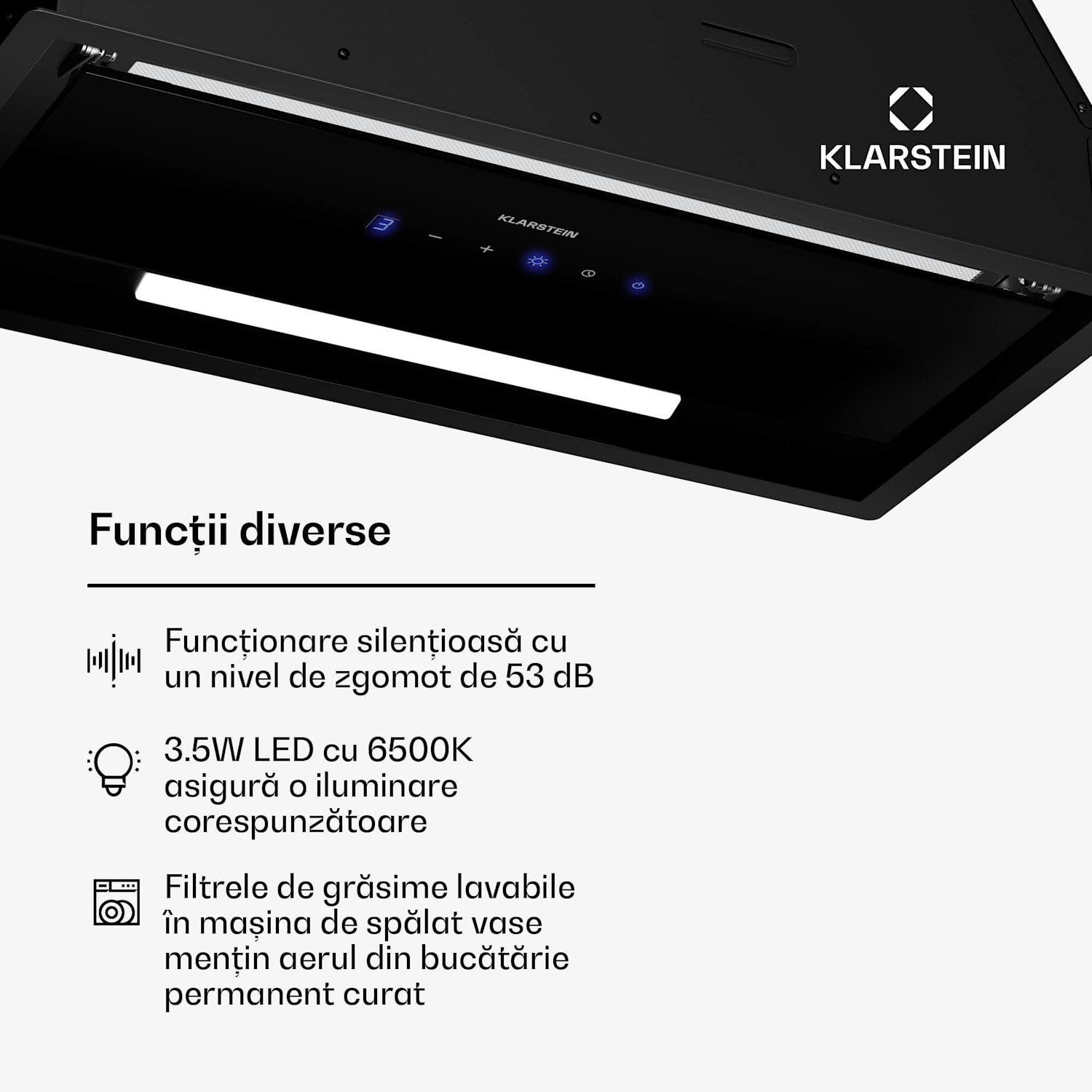 Hota ventilată, control tactil, extracție/recirculare, EEK A+, 3 niveluri, LED, silențioasă 60 cm | Negru