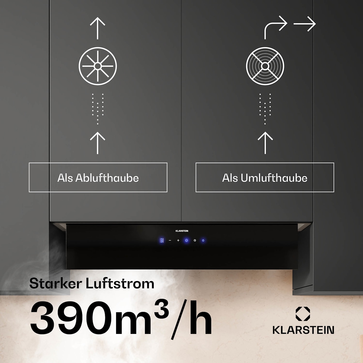 Ventimate Dunstabzugshaube | Touch Control | Abluft/Umluft | EEK A+ | 3 Stufen | LED | leise 85 cm | Schwarz