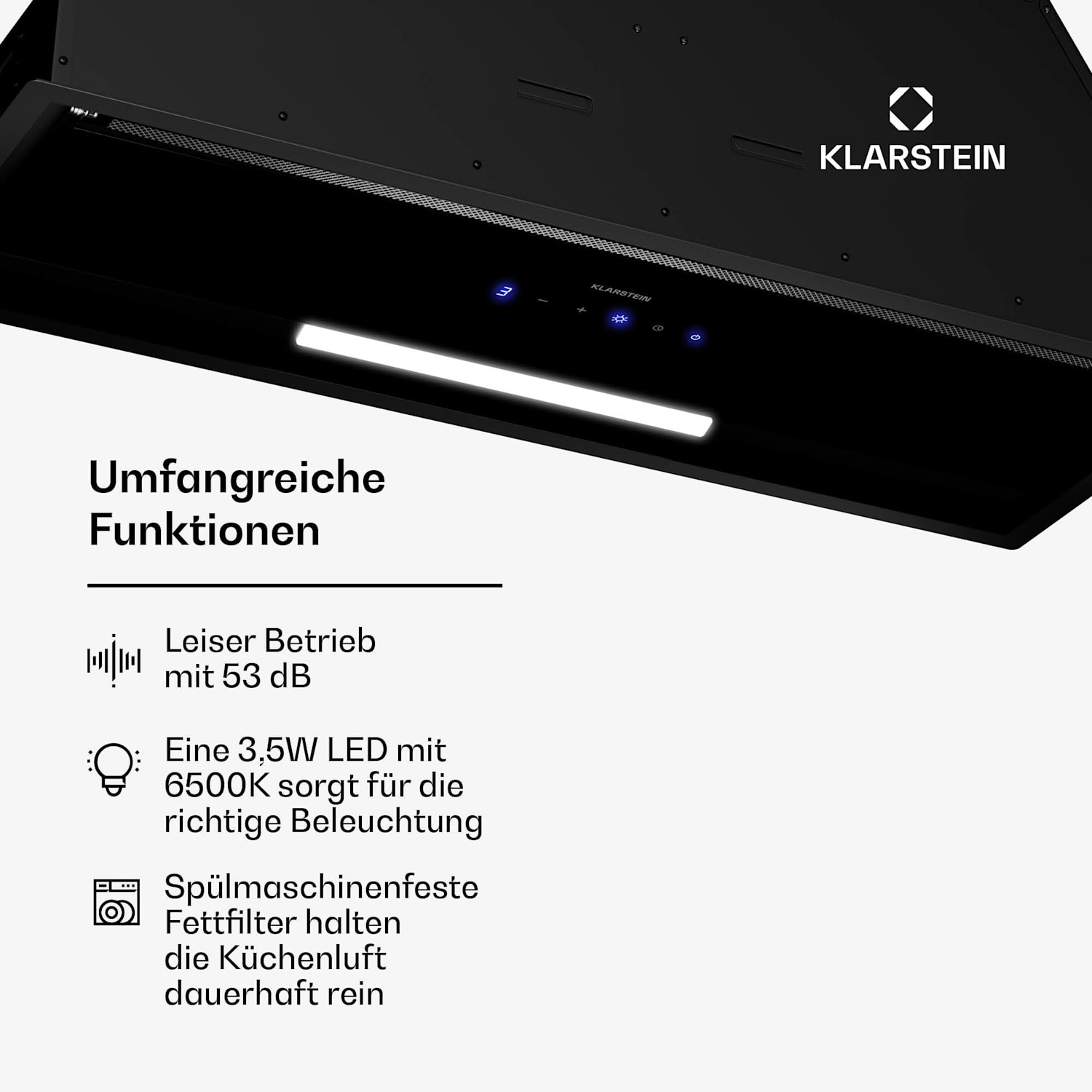 Ventimate Dunstabzugshaube | Touch Control | Abluft/Umluft | EEK A+ | 3 Stufen | LED | leise 85 cm | Schwarz