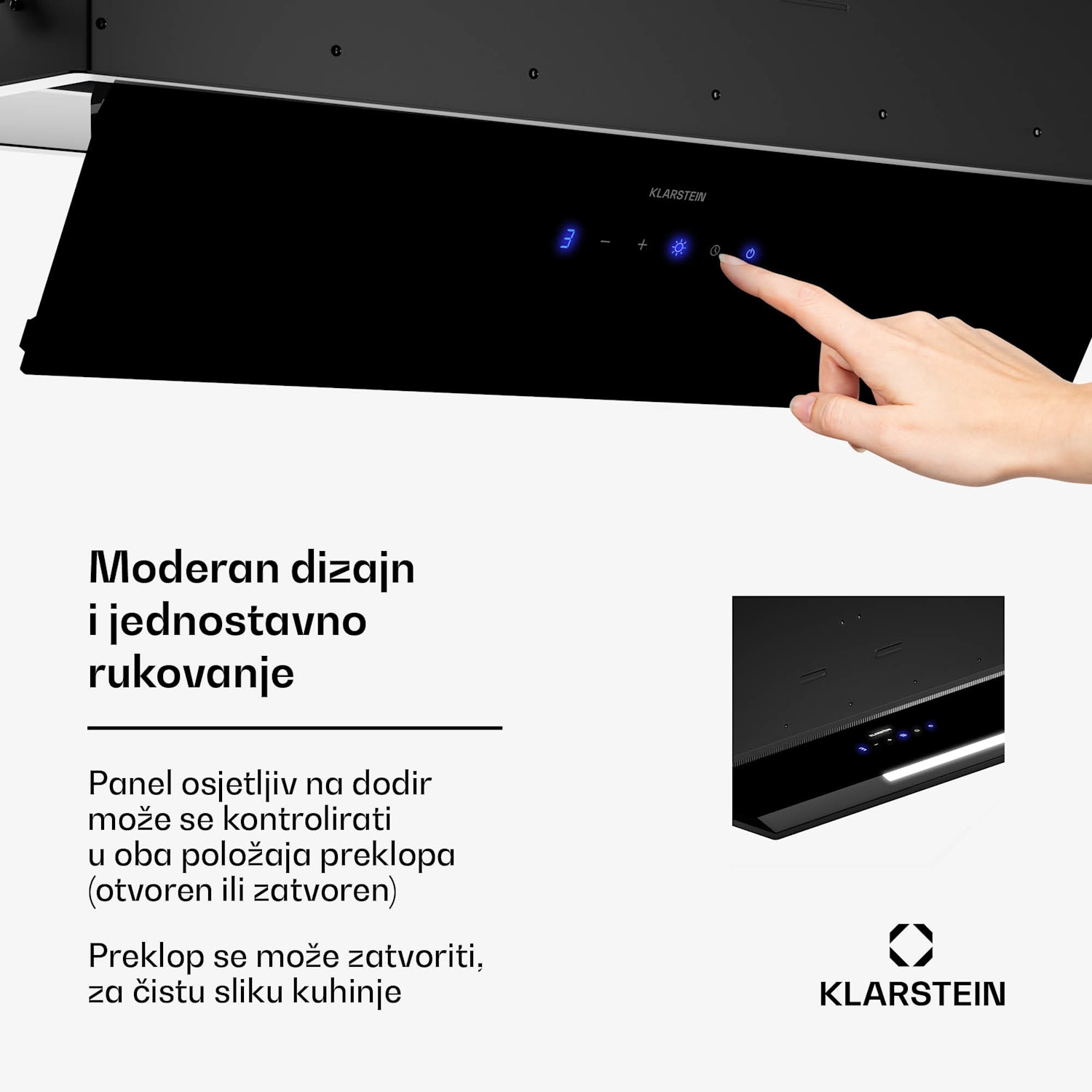 Napa za ventilaciju, upravljanje dodirom, ekstrakcija/recirkulacija, EEK A+, 3 razine, LED, tihi 85 cm | Crna