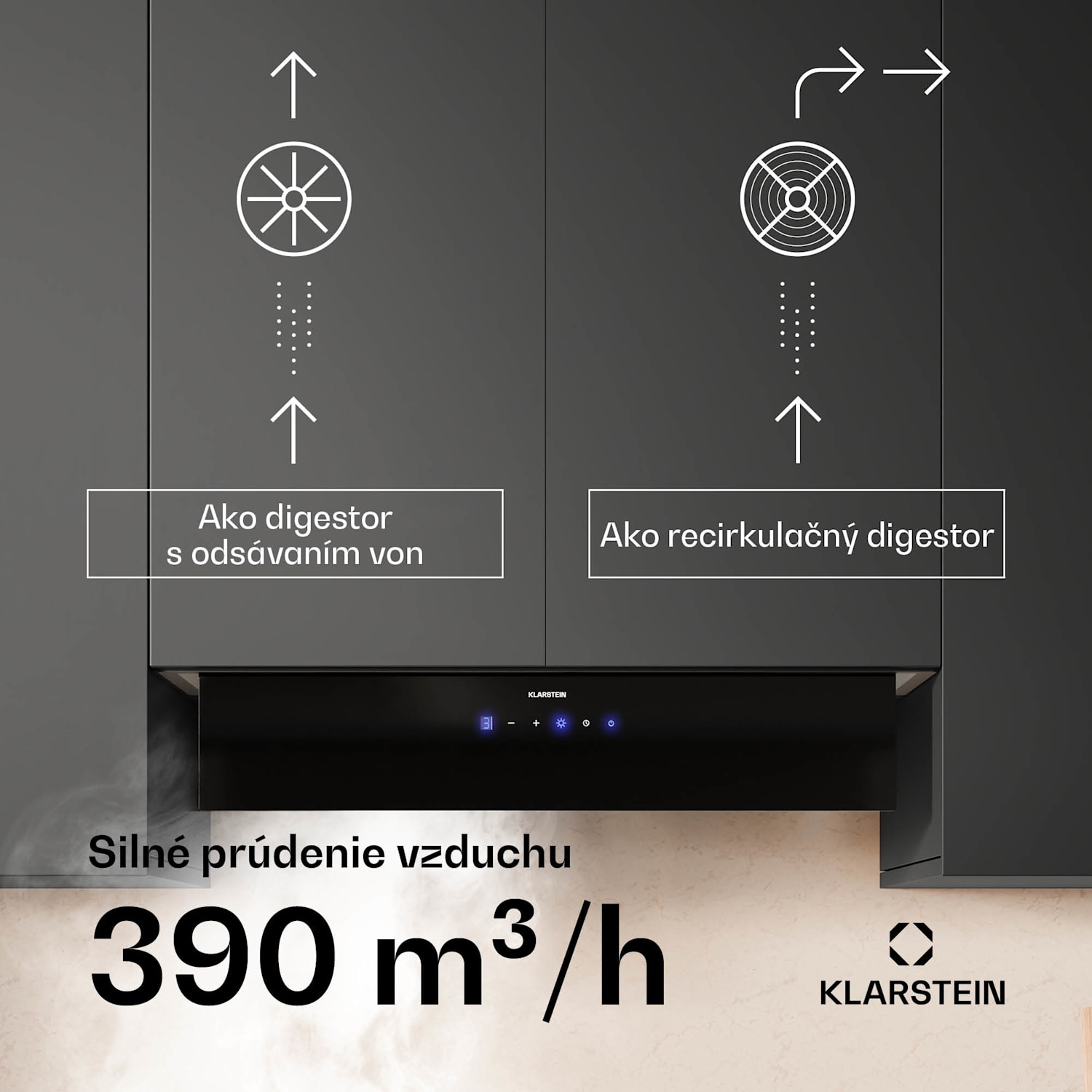 Ventimate digestor, dotykové ovládanie, odsávanie/recirkulácia, EEK A+, 3 úrovne, LED, tichý 85 cm | Čierna