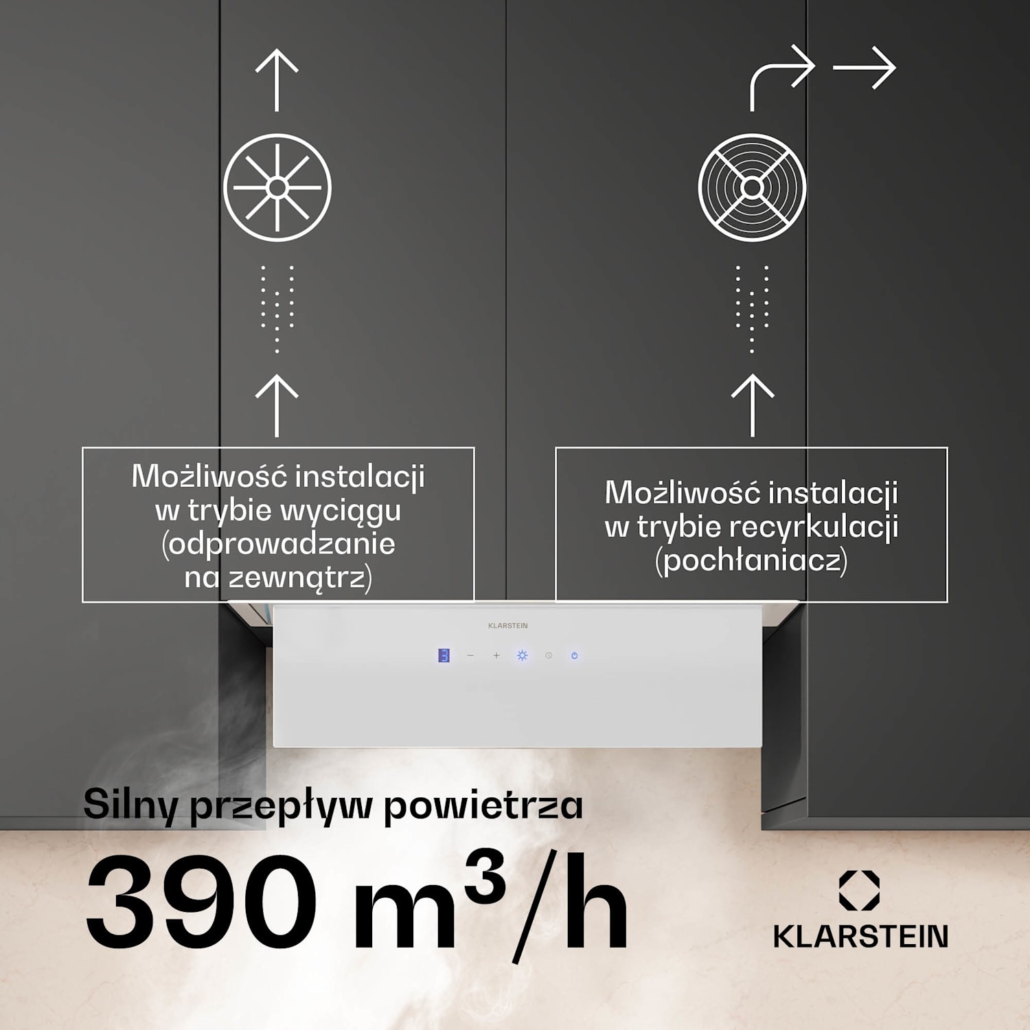 Okap/wyciąg Ventimate, sterowanie dotykowe, tryb otwarty/zamknięty, EEK A+, 3 poziomy, LED, cichy 60 cm | Biały