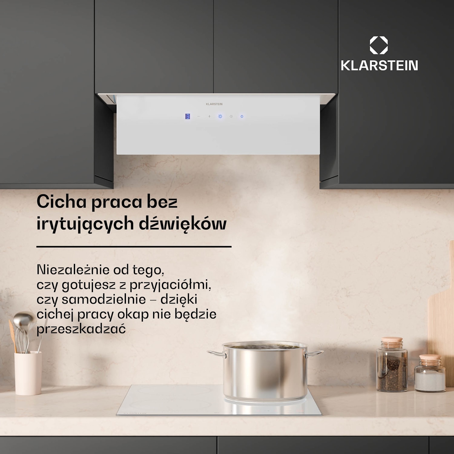 Okap/wyciąg Ventimate, sterowanie dotykowe, tryb otwarty/zamknięty, EEK A+, 3 poziomy, LED, cichy 60 cm | Biały