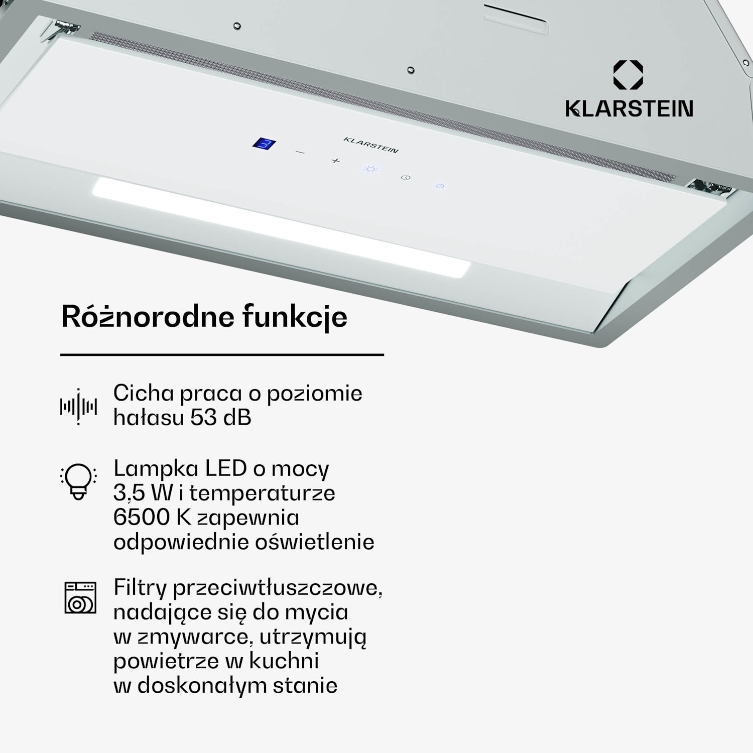 Okap/wyciąg Ventimate, sterowanie dotykowe, tryb otwarty/zamknięty, EEK A+, 3 poziomy, LED, cichy 60 cm | Biały
