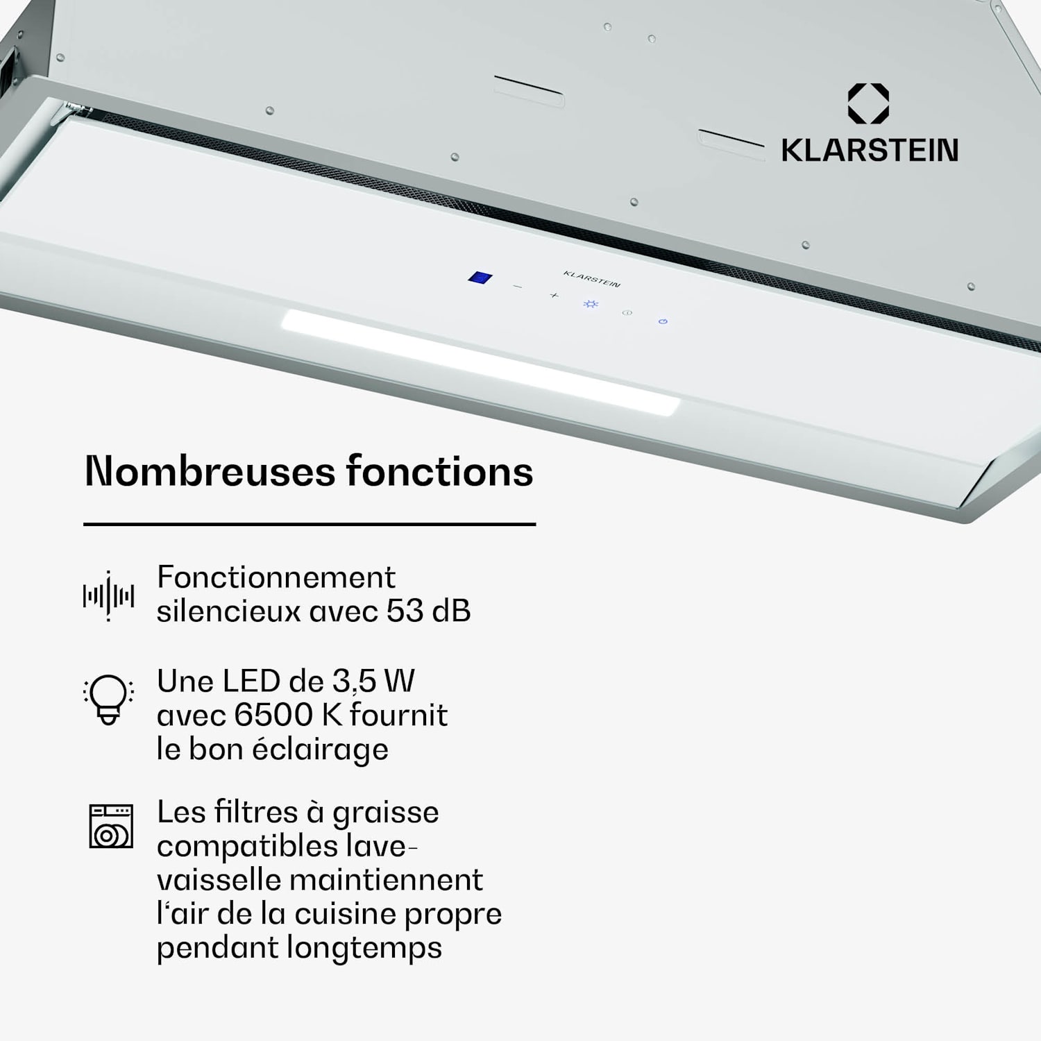 Ventimate hotte aspirante | Contrôle tactile | Air extrait/recyclé | CEE A+ | 3 niveaux | LED | silencieuse 85 cm | Blanc