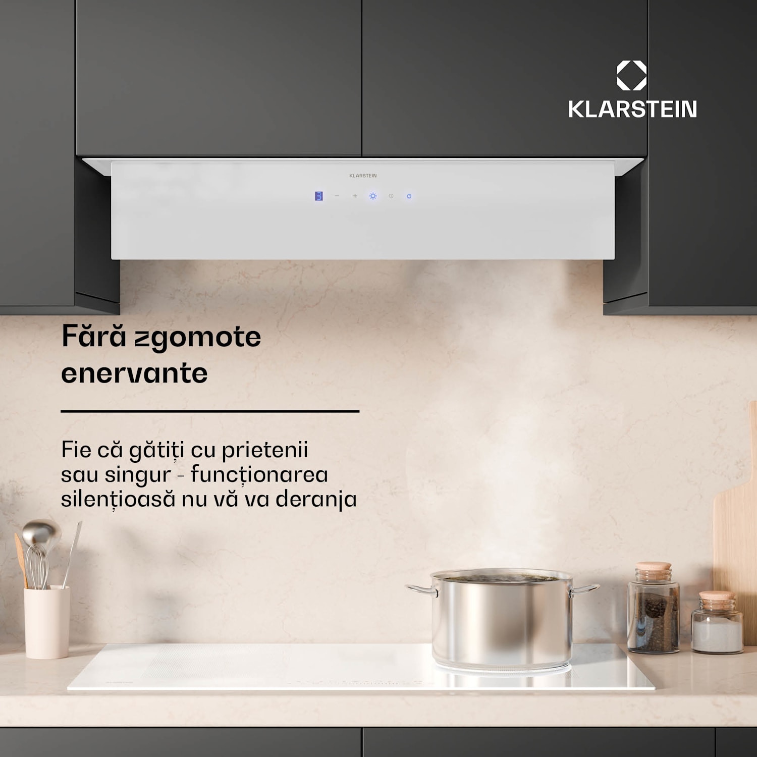 Hota ventilată, control tactil, extracție/recirculare, EEK A+, 3 niveluri, LED, silențioasă 85 cm | Alb