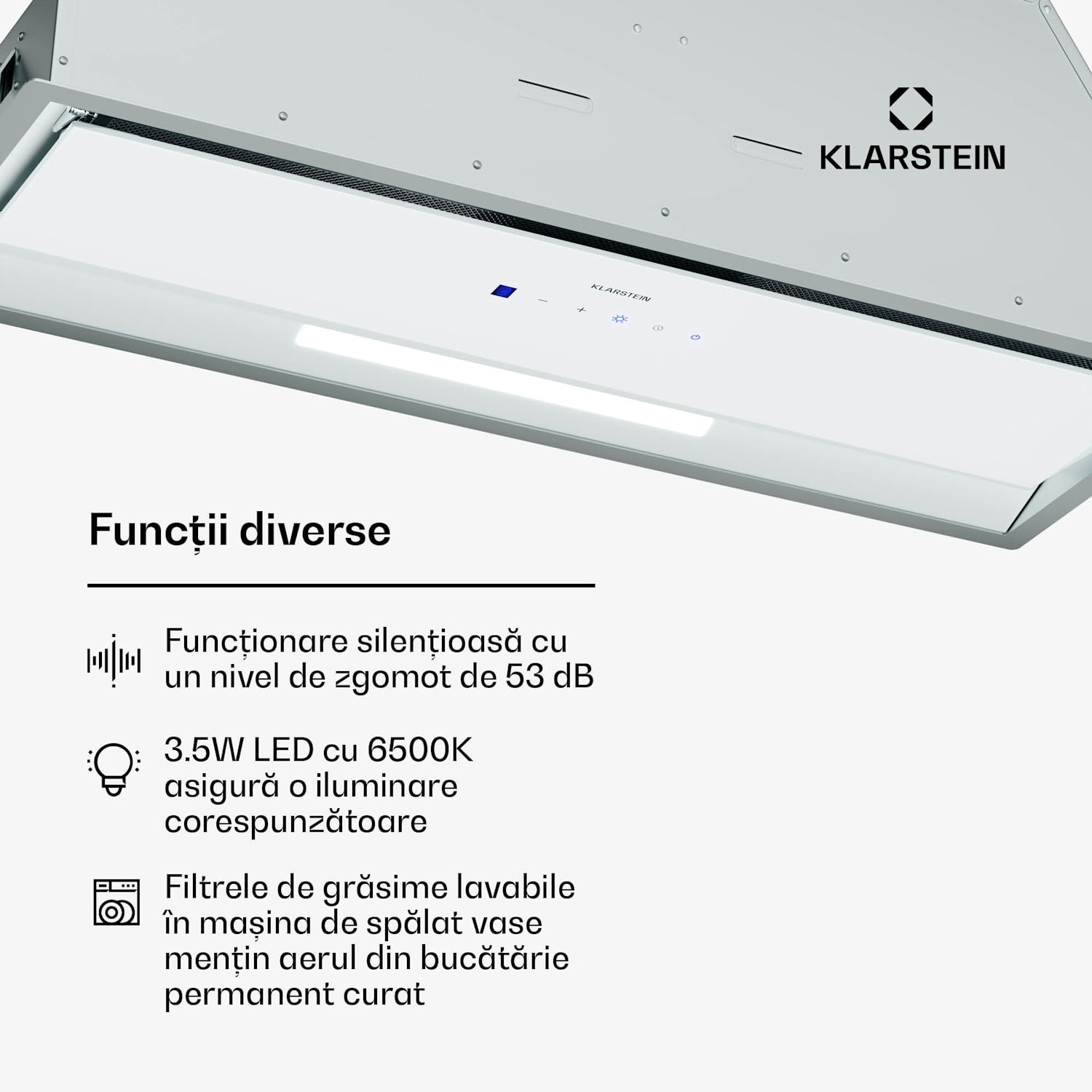 Hota ventilată, control tactil, extracție/recirculare, EEK A+, 3 niveluri, LED, silențioasă 85 cm | Alb