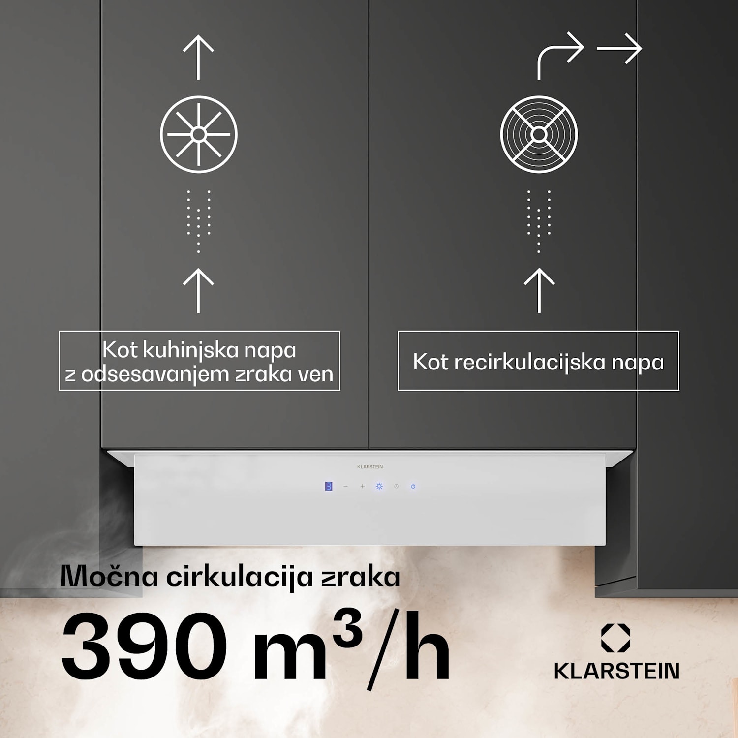 Ventimate kuhinjska napa, upravljanje na dotik, odsesavanje/recirkulacija, EEK A+, 3 stopnje, LED, tiha 85 cm | Bela