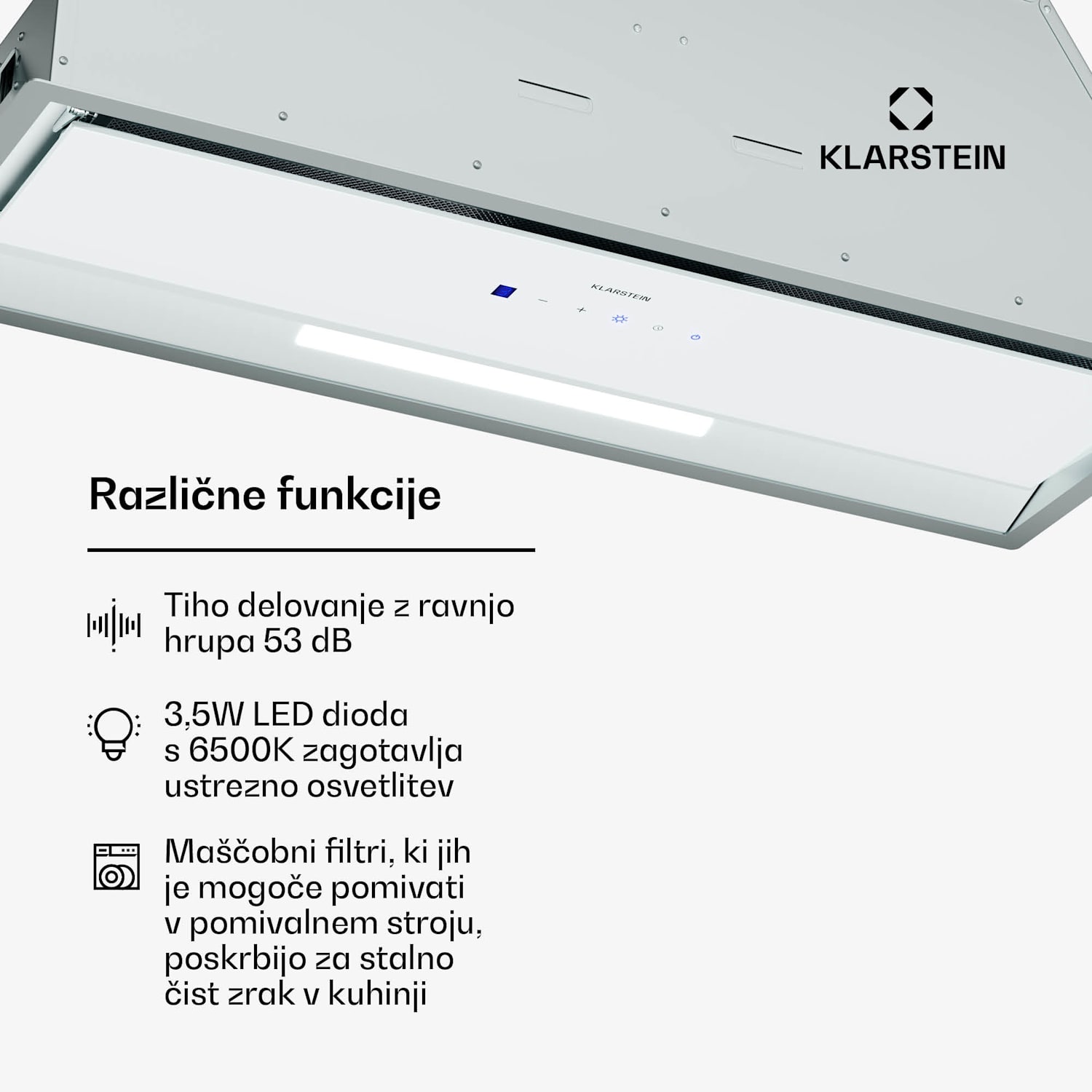 Ventimate kuhinjska napa, upravljanje na dotik, odsesavanje/recirkulacija, EEK A+, 3 stopnje, LED, tiha 85 cm | Bela