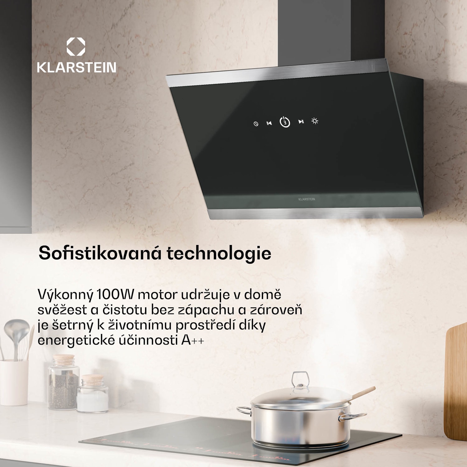 FlashLine digestoř, A++, 524 m³/h, 3 úrovně, dotyková, tichá, LED, odsávání/recirkulace, 100 W 60 cm | Černá | Černá
