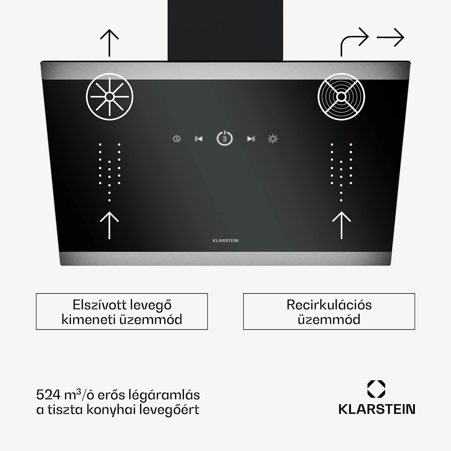 FlashLine páraelszívó, A++, 524 m³/h, 3 szint, érintős, csendes, LED, elszívás/recirkuláció, 100 W 60 cm | Fekete | Fekete