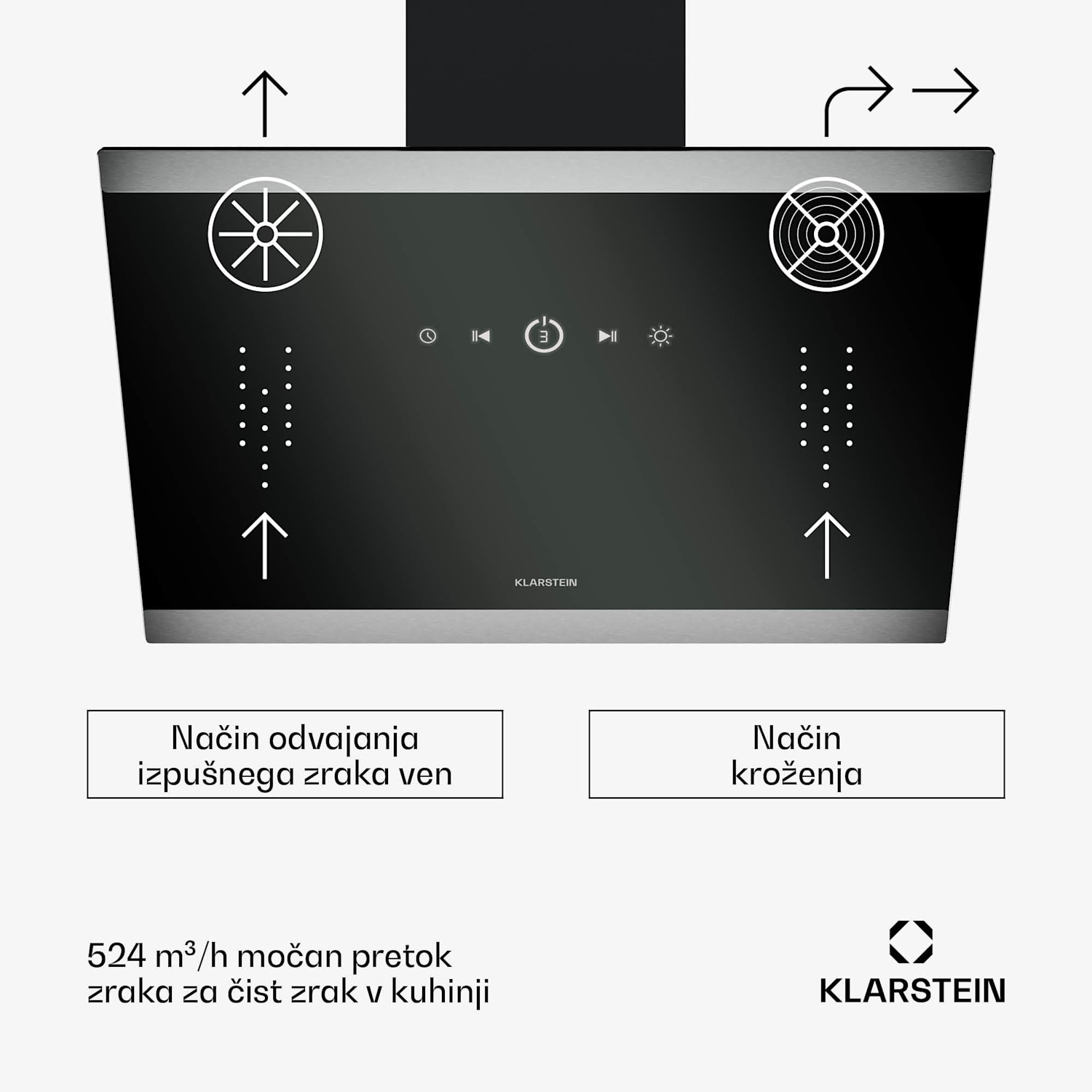 FlashLine kuhinjska napa, A++, 524 m³/h, 3 stopnje, dotik, tiho, LED, ekstrakcija/recirkulacija, 100 W 60 cm | Črna | Črna
