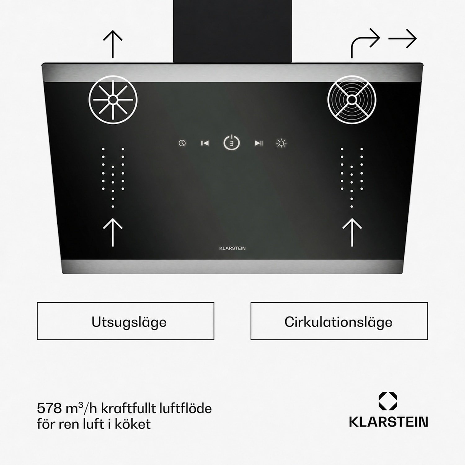 FlashLine köksfläkt | A++ | 578 m³/h | 3 nivåer | touchkontroll | tyst | LED | frånluft/cirkulationsluft | 100 W 60 cm | Svart | Silver