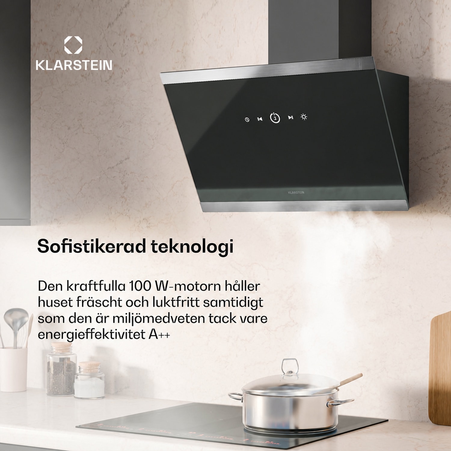 FlashLine köksfläkt | A++ | 578 m³/h | 3 nivåer | touchkontroll | tyst | LED | frånluft/cirkulationsluft | 100 W 60 cm | Svart | Silver