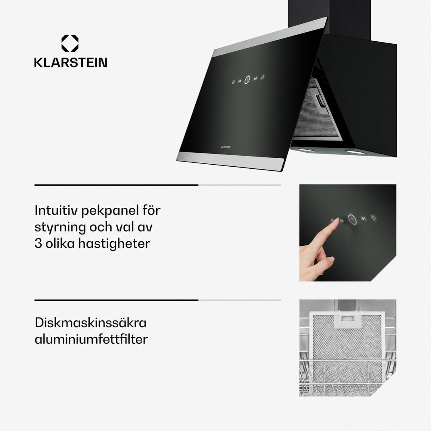 FlashLine köksfläkt | A++ | 578 m³/h | 3 nivåer | touchkontroll | tyst | LED | frånluft/cirkulationsluft | 100 W 60 cm | Svart | Silver