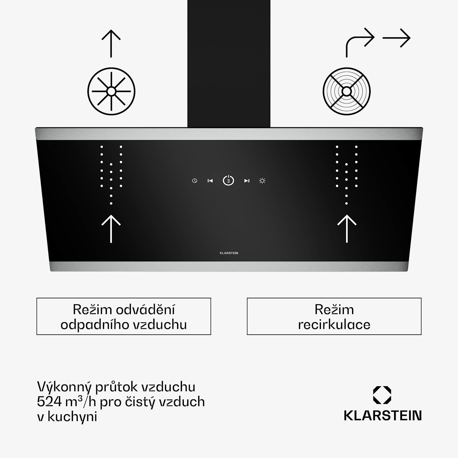 FlashLine digestoř, A++, 524 m³/h, 3 úrovně, dotyková, tichá, LED, odsávání/recirkulace, 100 W