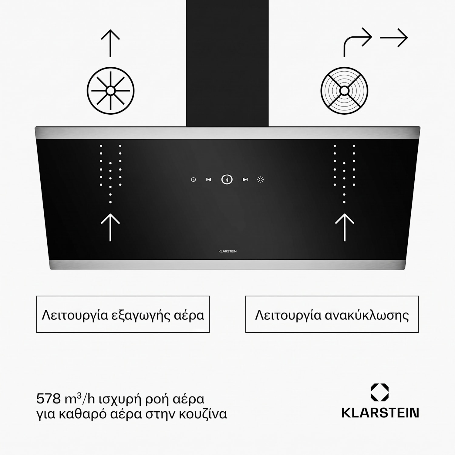 FlashLine απορροφητήρας, A++, 578 m³/h, 3 επίπεδα, χειρισμός αφής, αθόρυβος, LED, απορρόφηση/ανακυκλοφορία, 100 W 90 εκ | Μαύρο | Ασημί