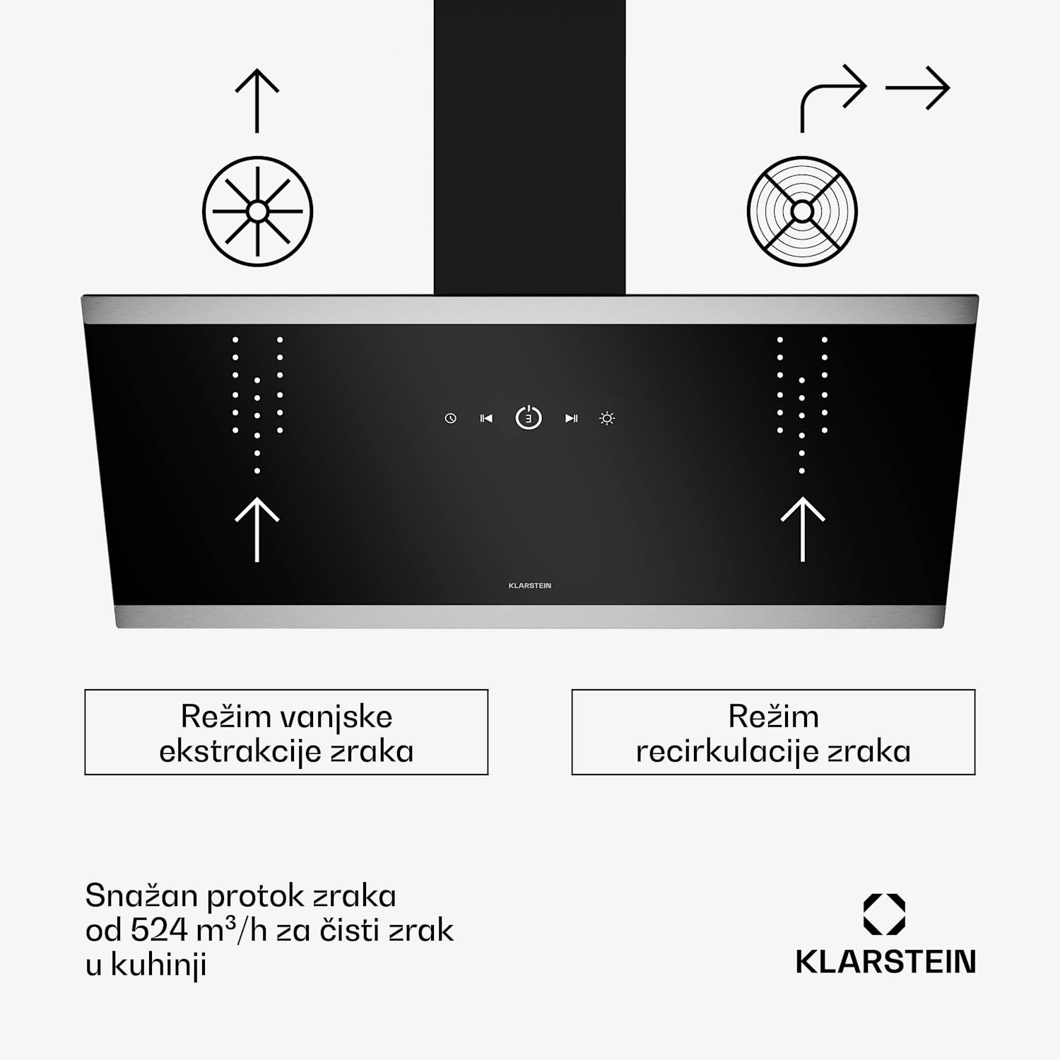 FlashLine napa, A++, 524 m³/h, 3 razine, dotaknuti, tiho, LED, ekstrakcija/recirkulacija, 100 W 90 cm | Crna | Crna