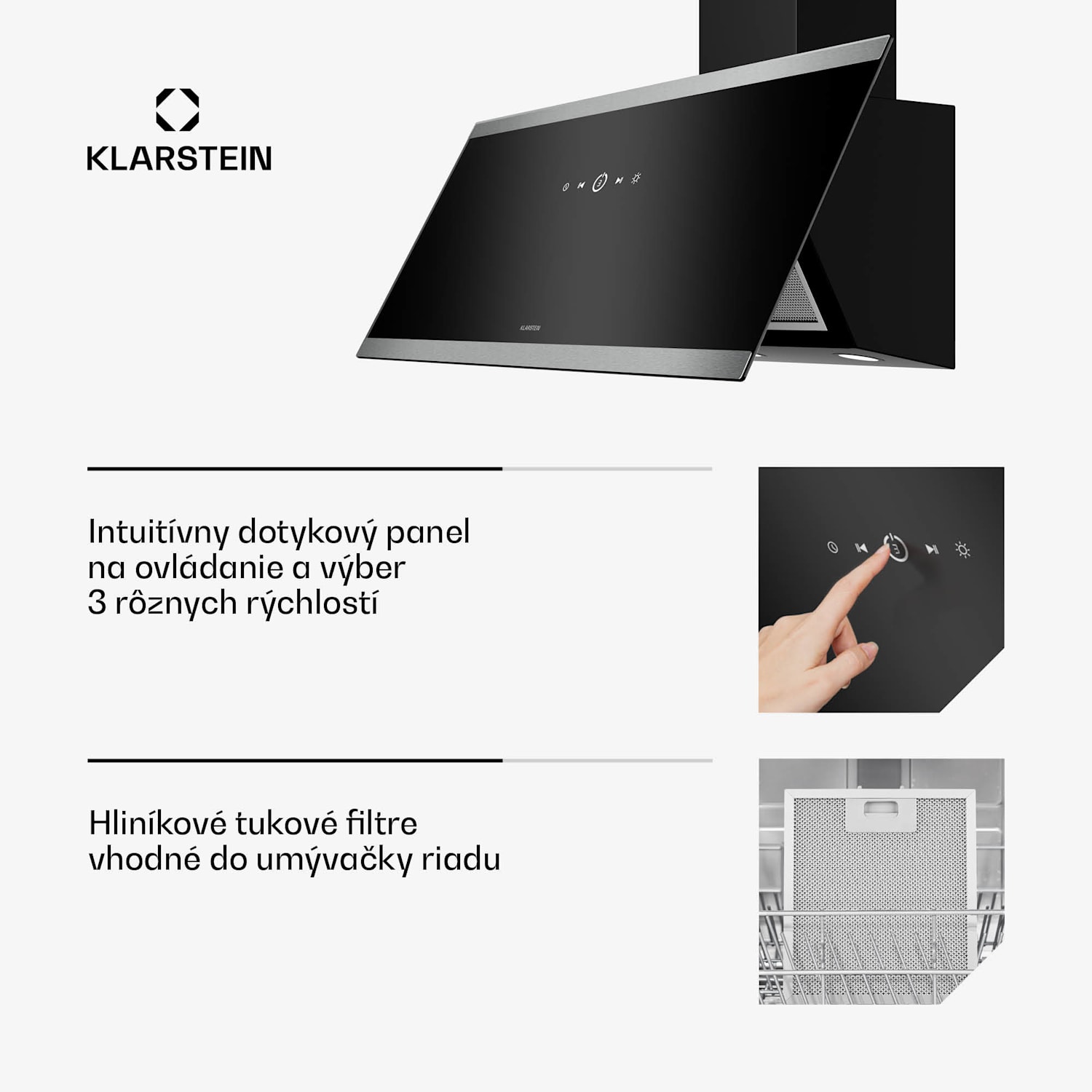 FlashLine digestor, A++, 524 m³/h, 3 úrovne, dotykový, tichý, LED, odsávanie/recirkulácia, 100 W 90 cm | Čierna | Čierna