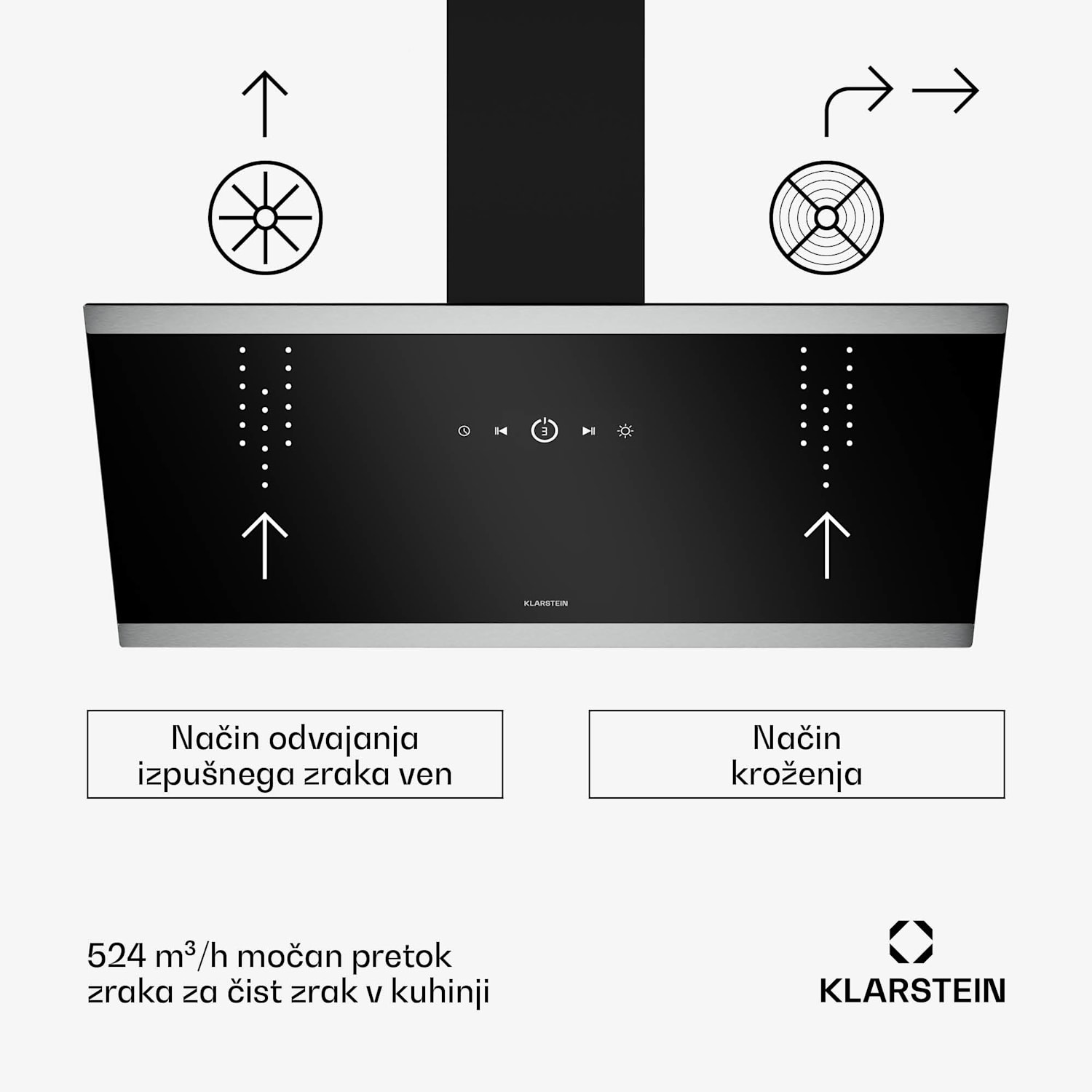 FlashLine kuhinjska napa, A++, 524 m³/h, 3 stopnje, dotik, tiho, LED, ekstrakcija/recirkulacija, 100 W 90 cm | Črna | Črna