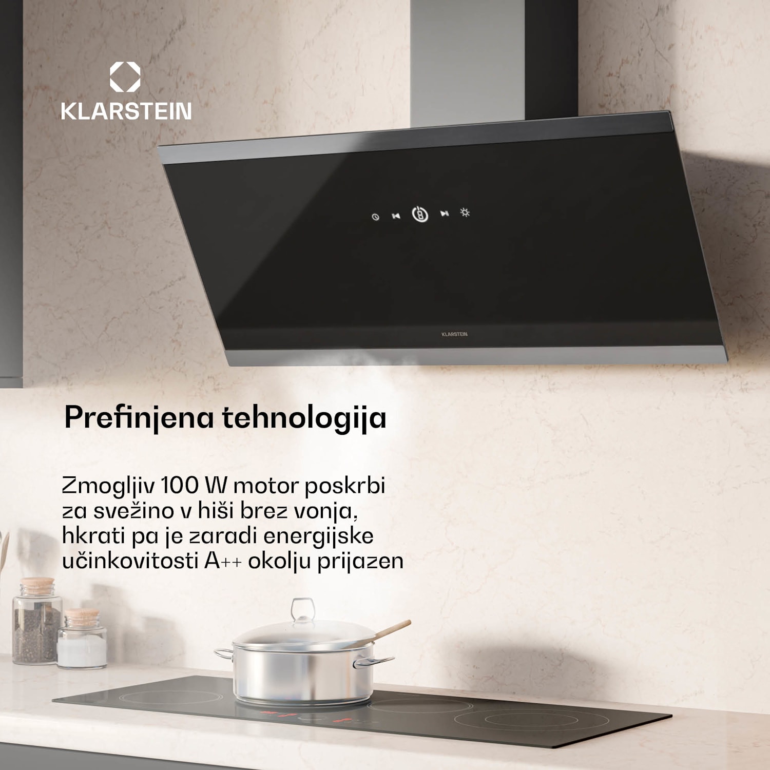 FlashLine kuhinjska napa, A++, 524 m³/h, 3 stopnje, dotik, tiho, LED, ekstrakcija/recirkulacija, 100 W 90 cm | Črna | Črna