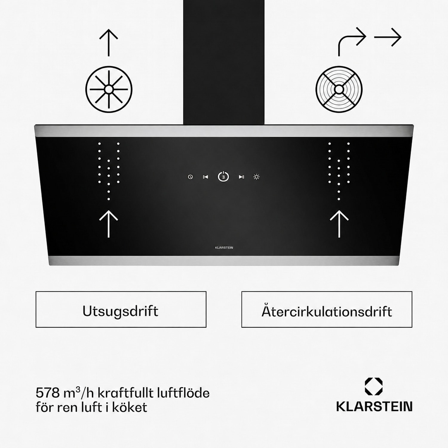 FlashLine fläktkåpa | A++ | 578 m³/h | 3 steg | Touch | tyst | LED | frånluft/cirkulation | 100W 90 cm | Svart | Silver