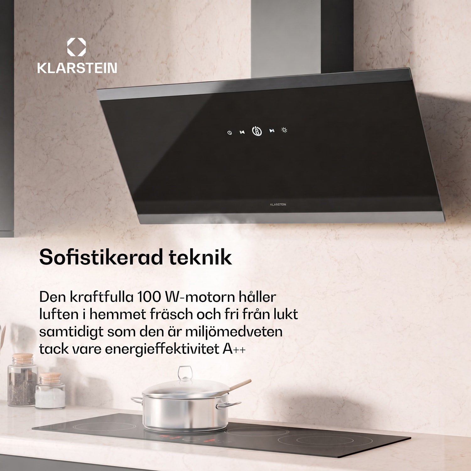 FlashLine fläktkåpa | A++ | 578 m³/h | 3 steg | Touch | tyst | LED | frånluft/cirkulation | 100W 90 cm | Svart | Silver