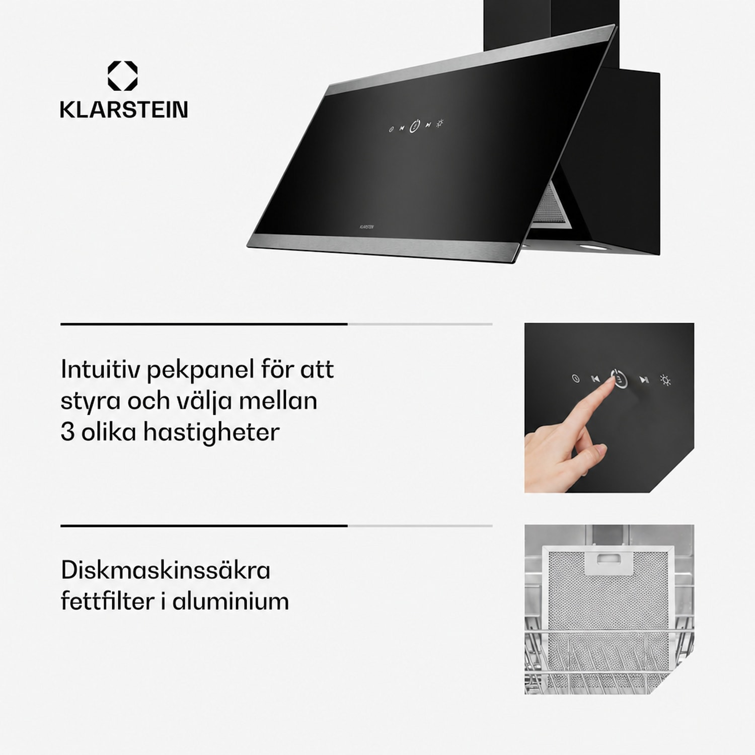 FlashLine fläktkåpa | A++ | 578 m³/h | 3 steg | Touch | tyst | LED | frånluft/cirkulation | 100W 90 cm | Svart | Silver