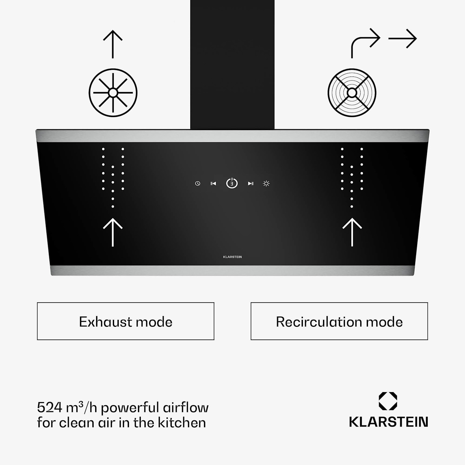 FlashLine afzuigkap | A++ | 524 m³/h | 3 standen | touch | stil | LED | afvoer/recirculatie | 100 W 90 cm | Zwart | Zwart