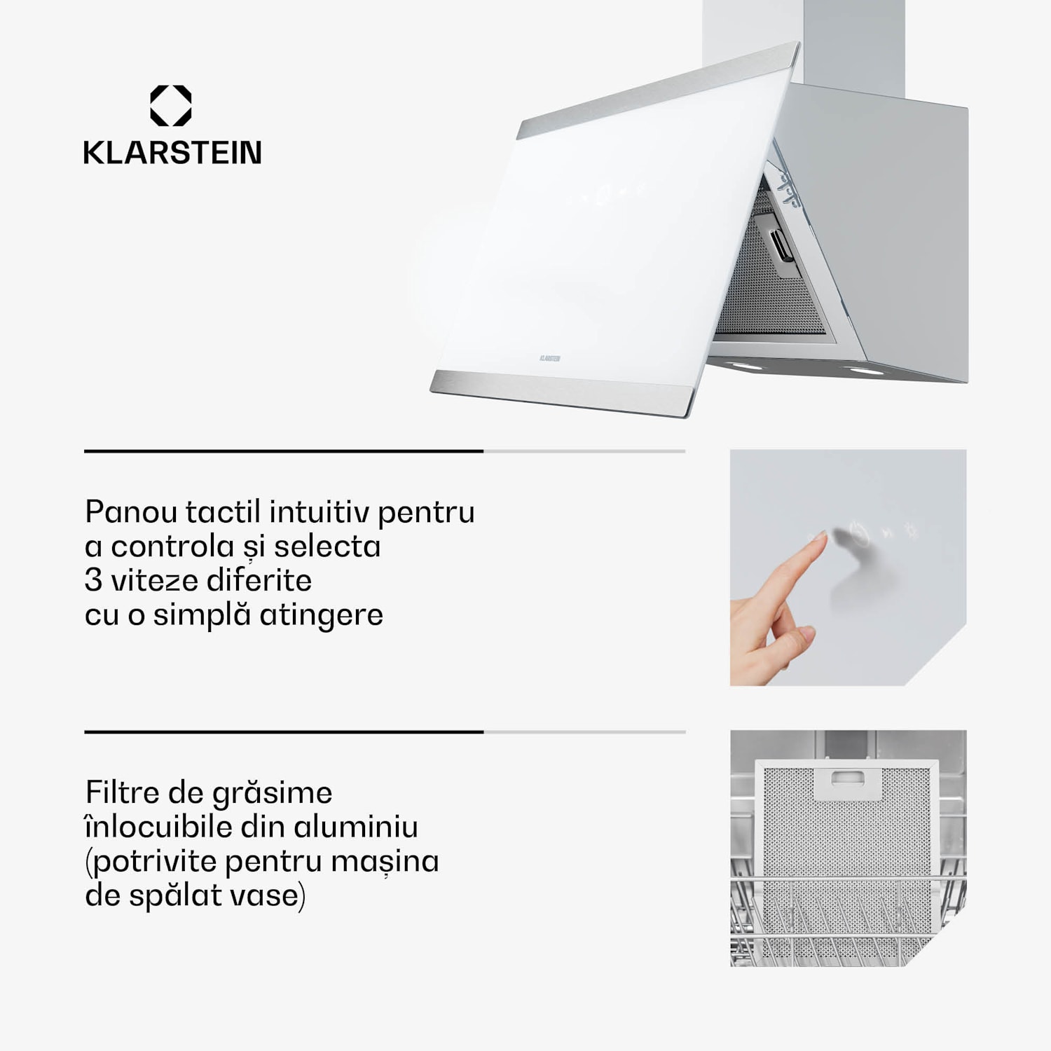 Hota FlashLine, A++, 524 m³/h, 3 niveluri, tactilă, silențioasă 60 cm | Alb | Alb