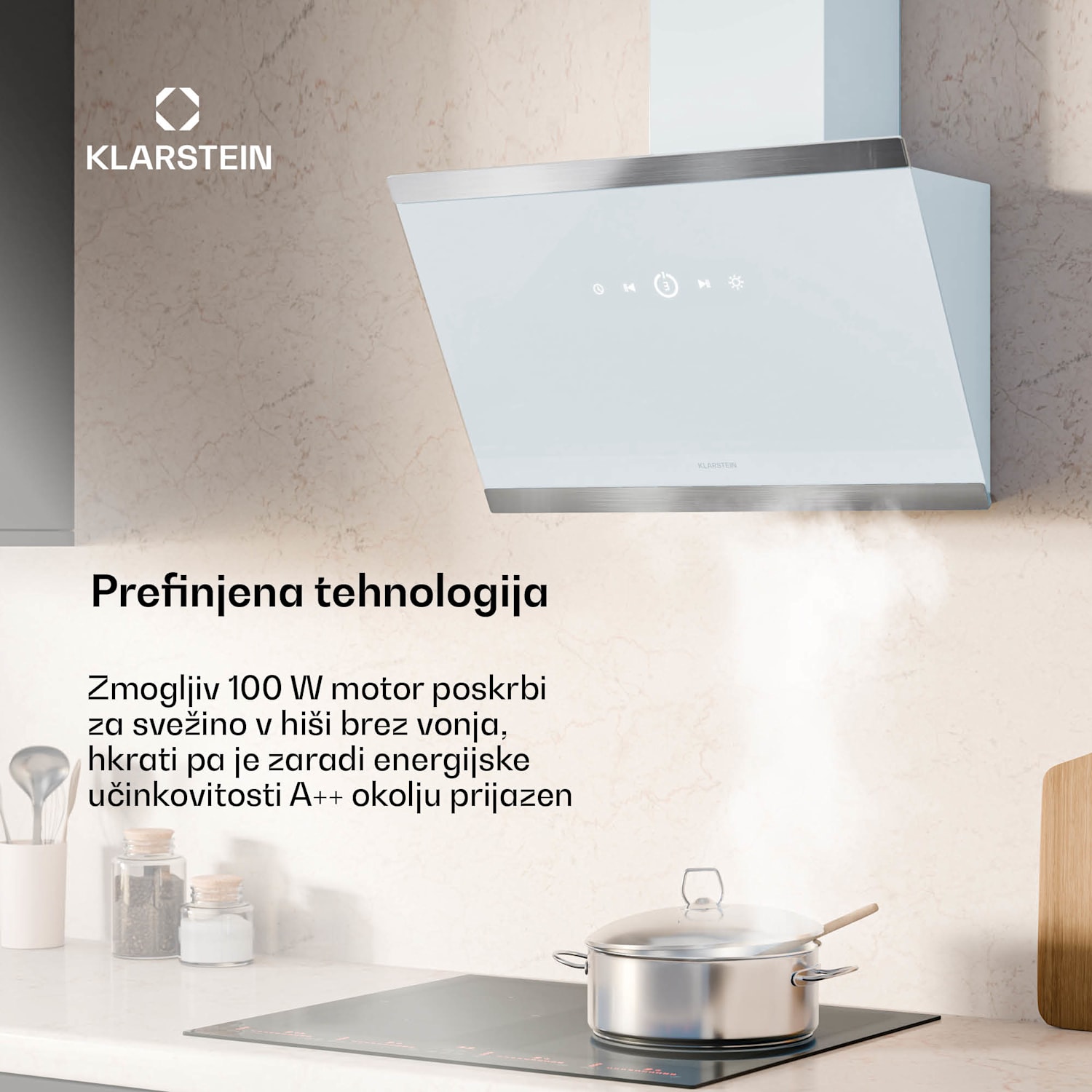 FlashLine kuhinjska napa, A++, 524 m³/h, 3 stopnje, dotik, tiho, LED, ekstrakcija/recirkulacija, 100 W 60 cm | Bela | Bela