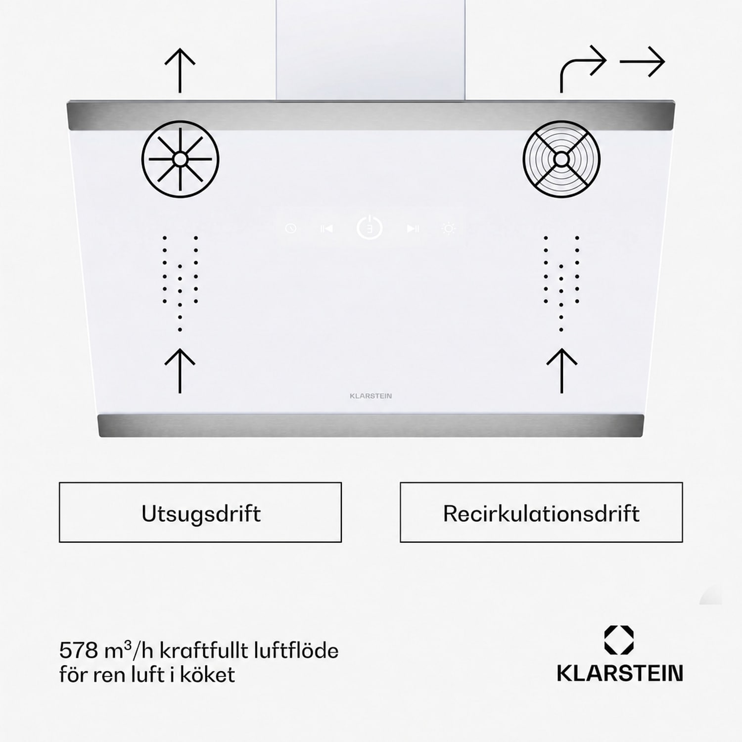 FlashLine köksfläkt | A++ | 578 m³/h | 3 nivåer | touchkontroll | tyst | LED | frånluft/cirkulationsluft | 100 W 60 cm | Vit | Silver